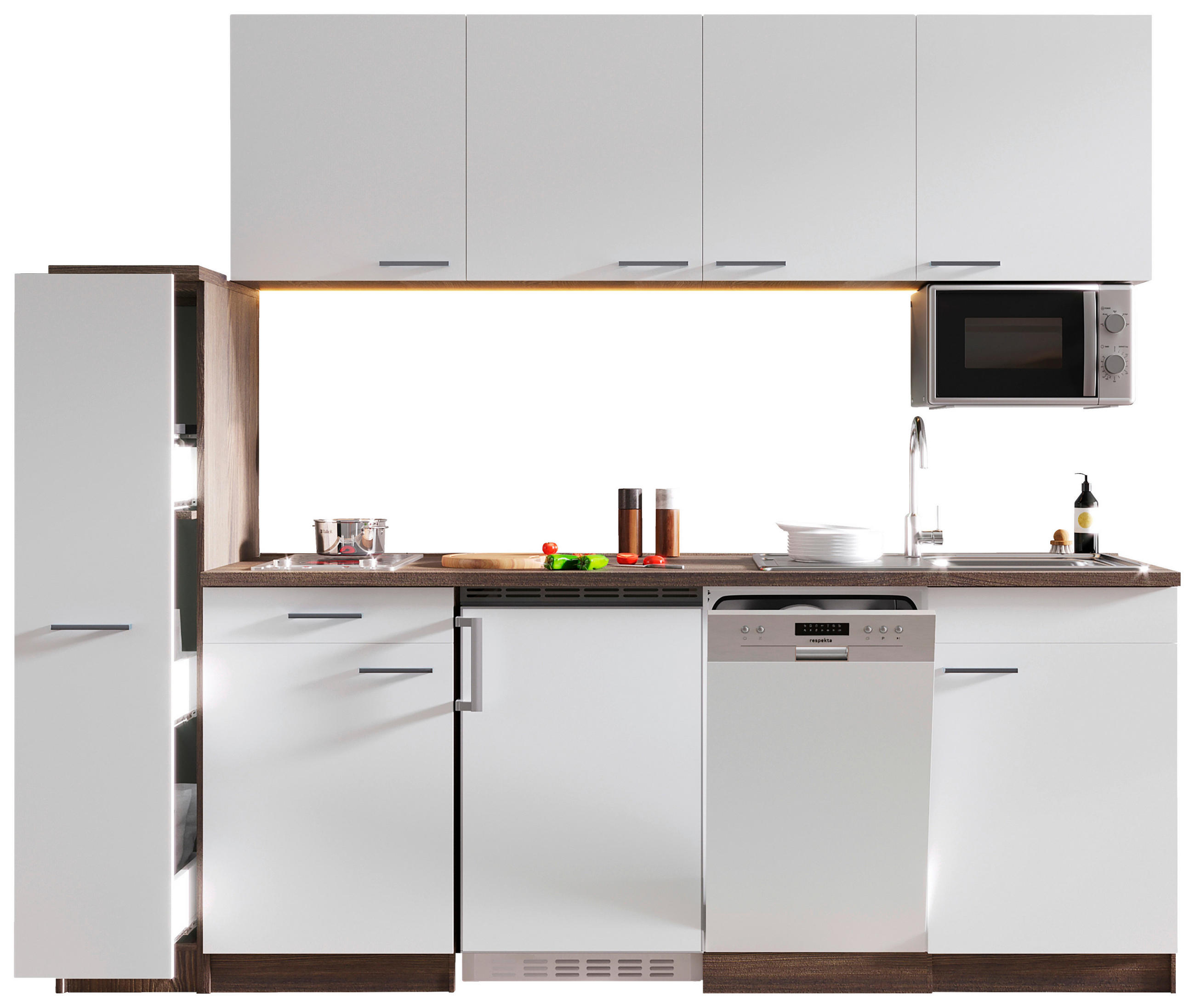 KÜCHENBLOCK 225 cm in Weiß - Eichefarben/Alufarben, Basics, Holzwerkstoff/Kunststoff (225cm) - Respekta