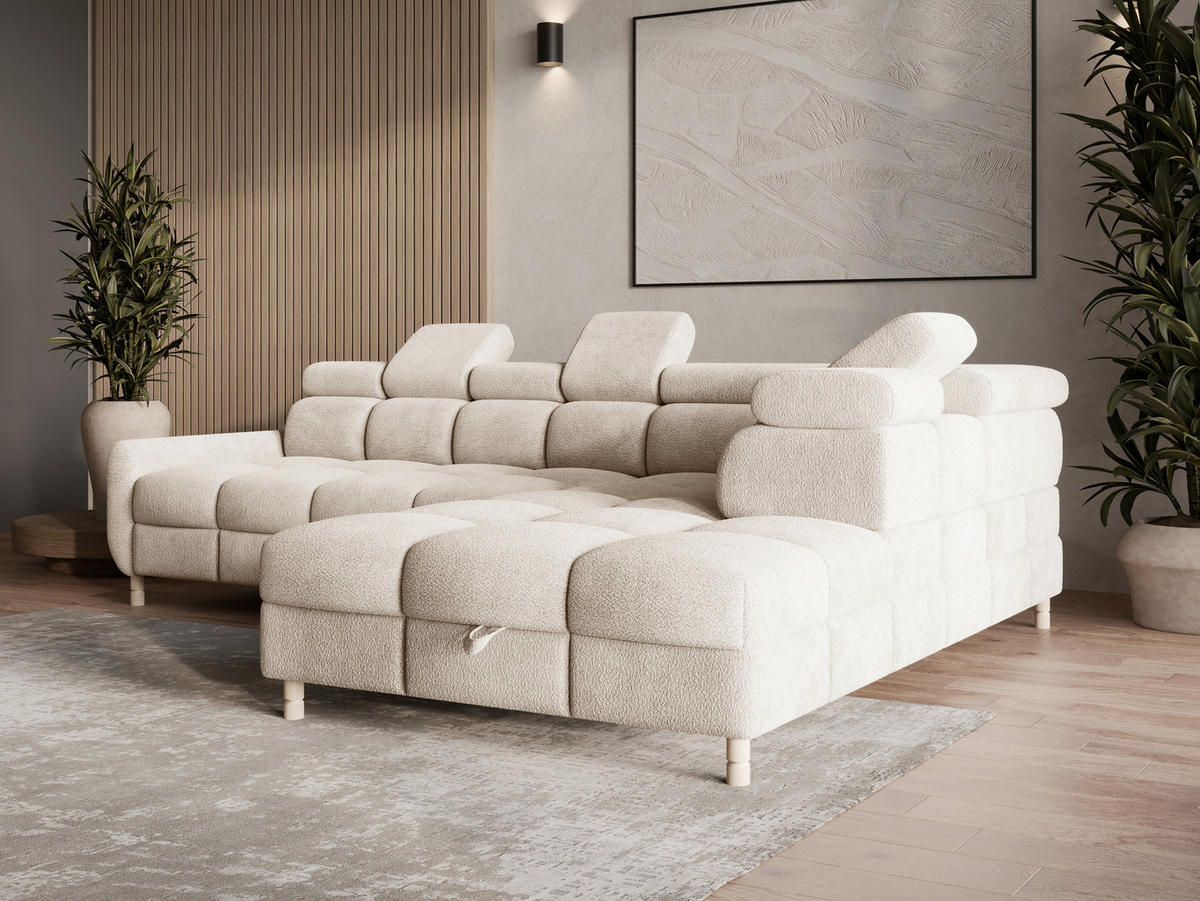 ECKSOFA BUN in Bouclé Beige  - Elfenbein/Beige, Design, Holz/Textil (276/209cm) - MID.YOU