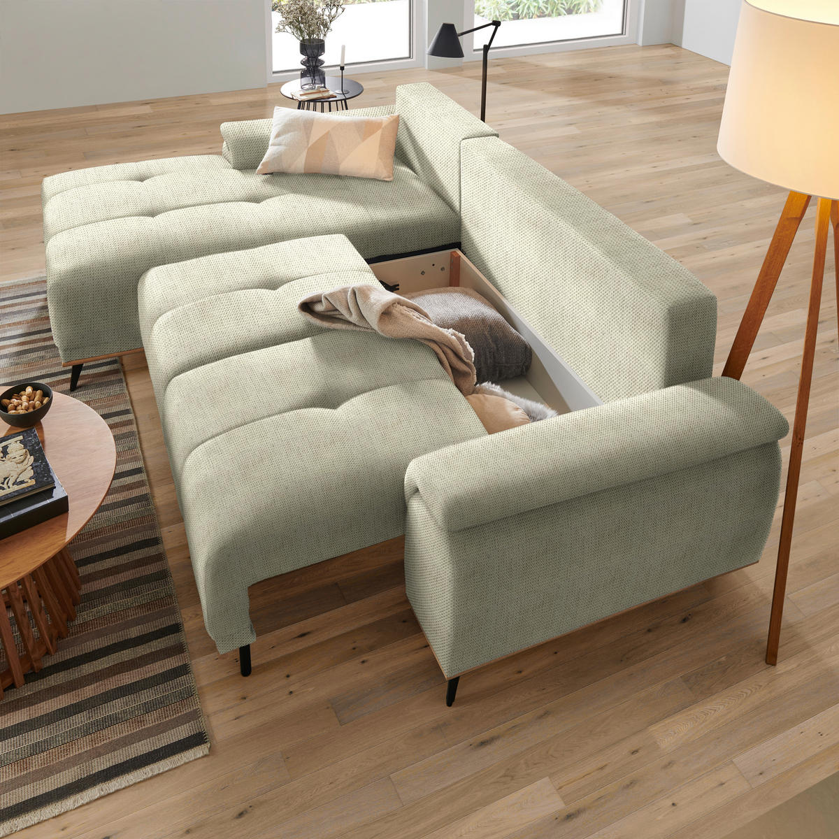 ECKSOFA in Chenille Beige  - Beige/Schwarz, Modern, Textil/Metall (168/262cm) - home24