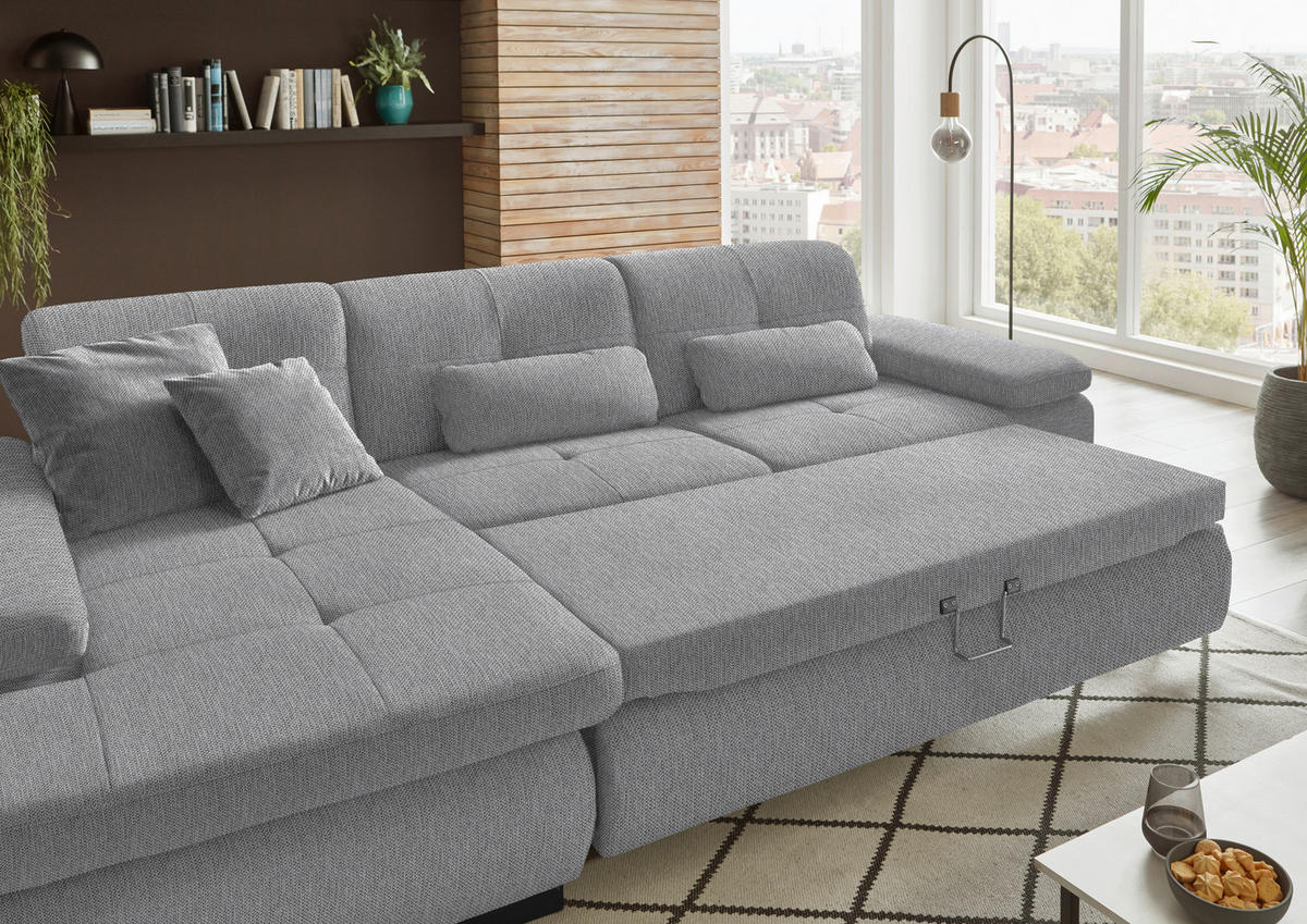 ECKSOFA in Flachgewebe Greige  - Greige/Schwarz, Design, Textil/Metall (174/297cm) - Beldomo Style