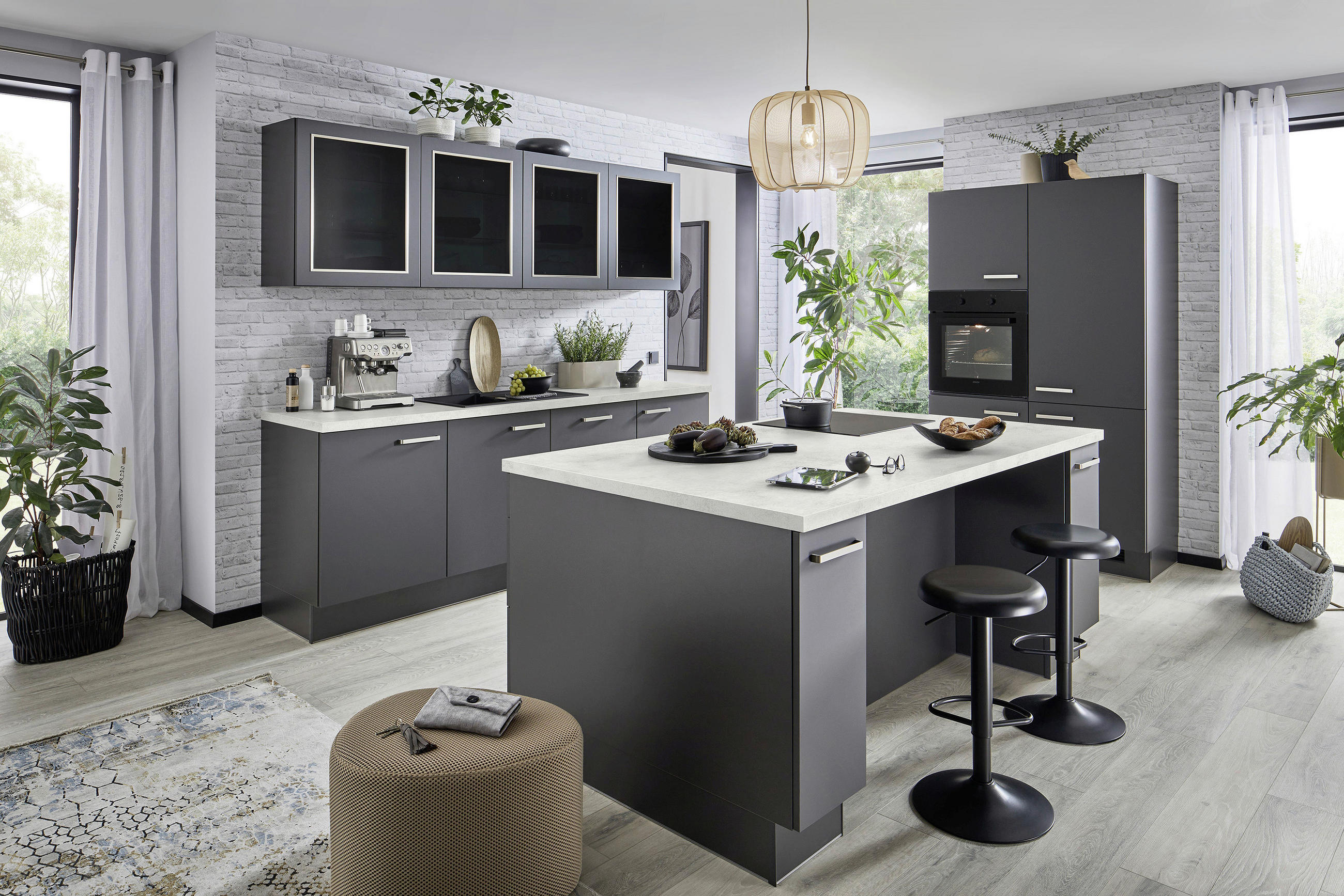 ECKKÜCHE 240/120 cm  in Graphitfarben  - Edelstahlfarben/Hellgrau, KONVENTIONELL, Glas/Holzwerkstoff (240/120cm) - Venda