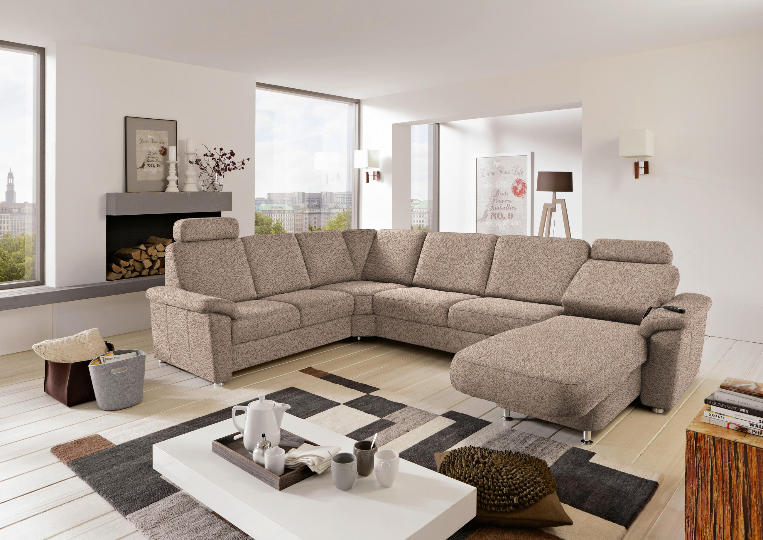 WOHNLANDSCHAFT Sandfarben Flachgewebe  - Sandfarben/Chromfarben, KONVENTIONELL, Textil/Metall (240/330/163cm) - Beldomo System