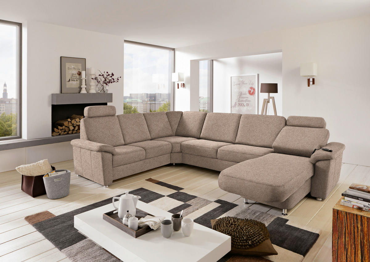 WOHNLANDSCHAFT in Flachgewebe Sandfarben  - Sandfarben/Chromfarben, Konventionell, Textil/Metall (240/330/163cm) - Beldomo System
