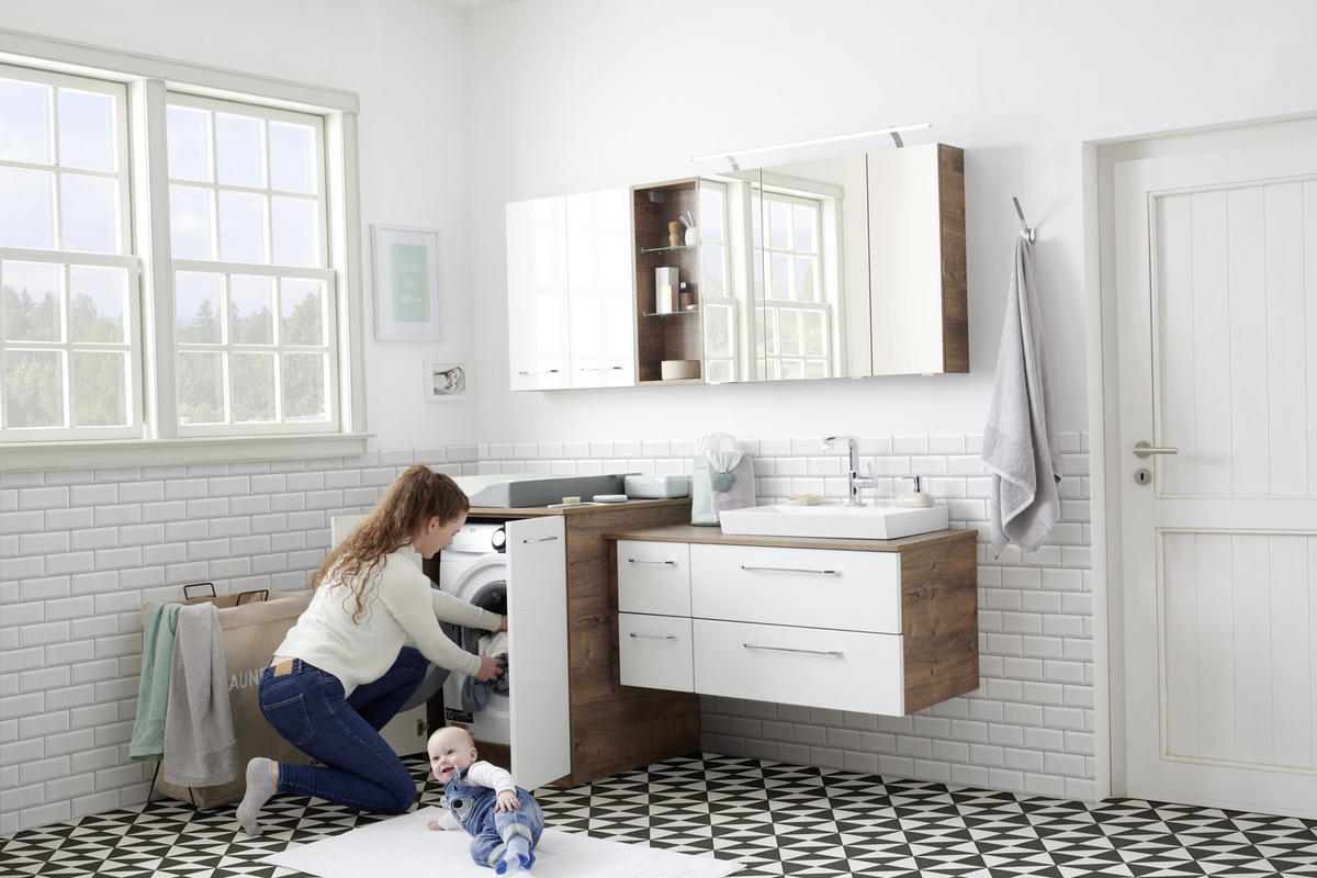 BADEZIMMER  in 180 cm  - Chromfarben/Weiß Hochglanz, Design, Glas/Keramik (180cm) - Sadena