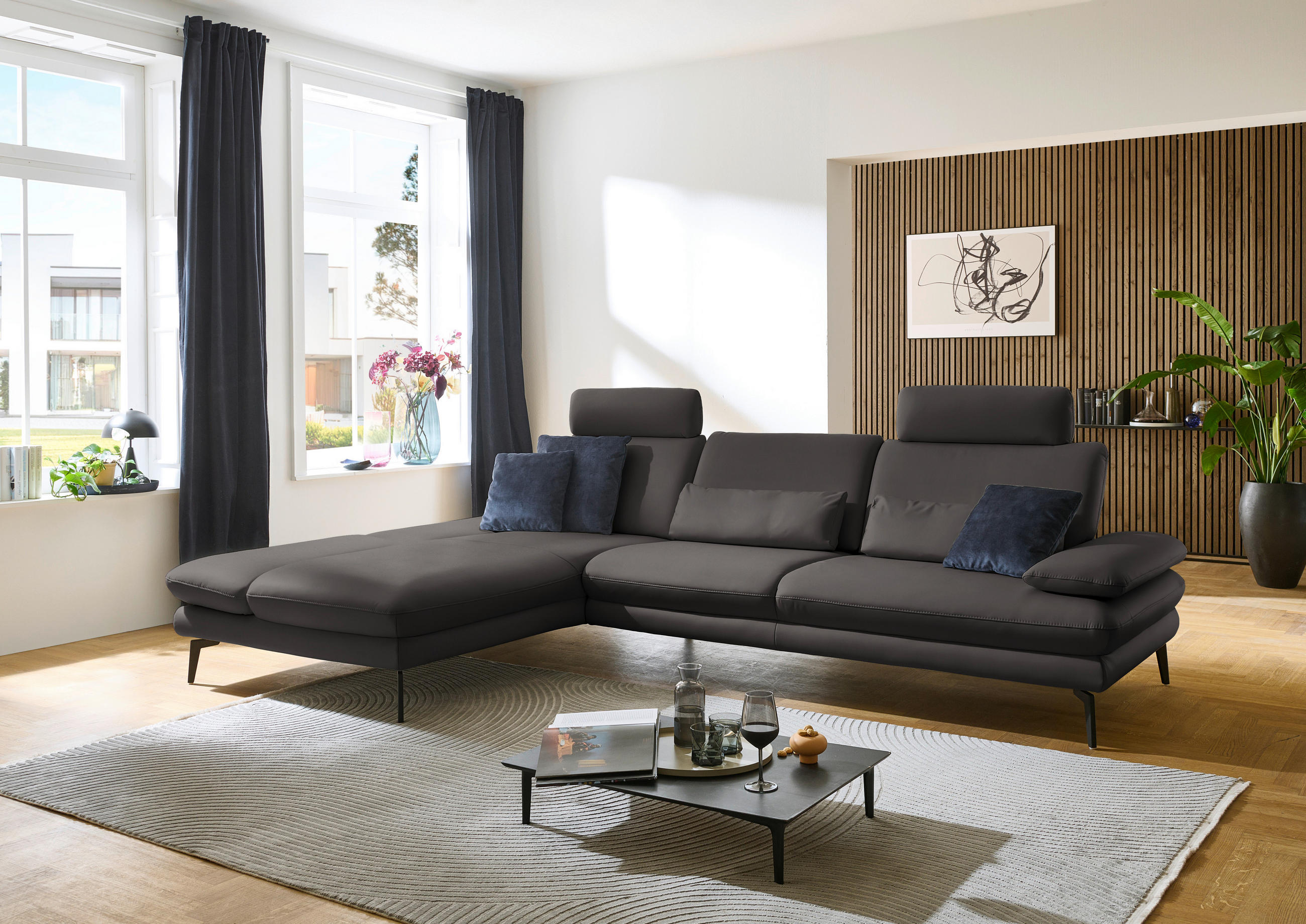 ECKSOFA in Echtleder Grau  - Schwarz/Grau, Design, Leder/Metall (195/308cm) - Dieter Knoll