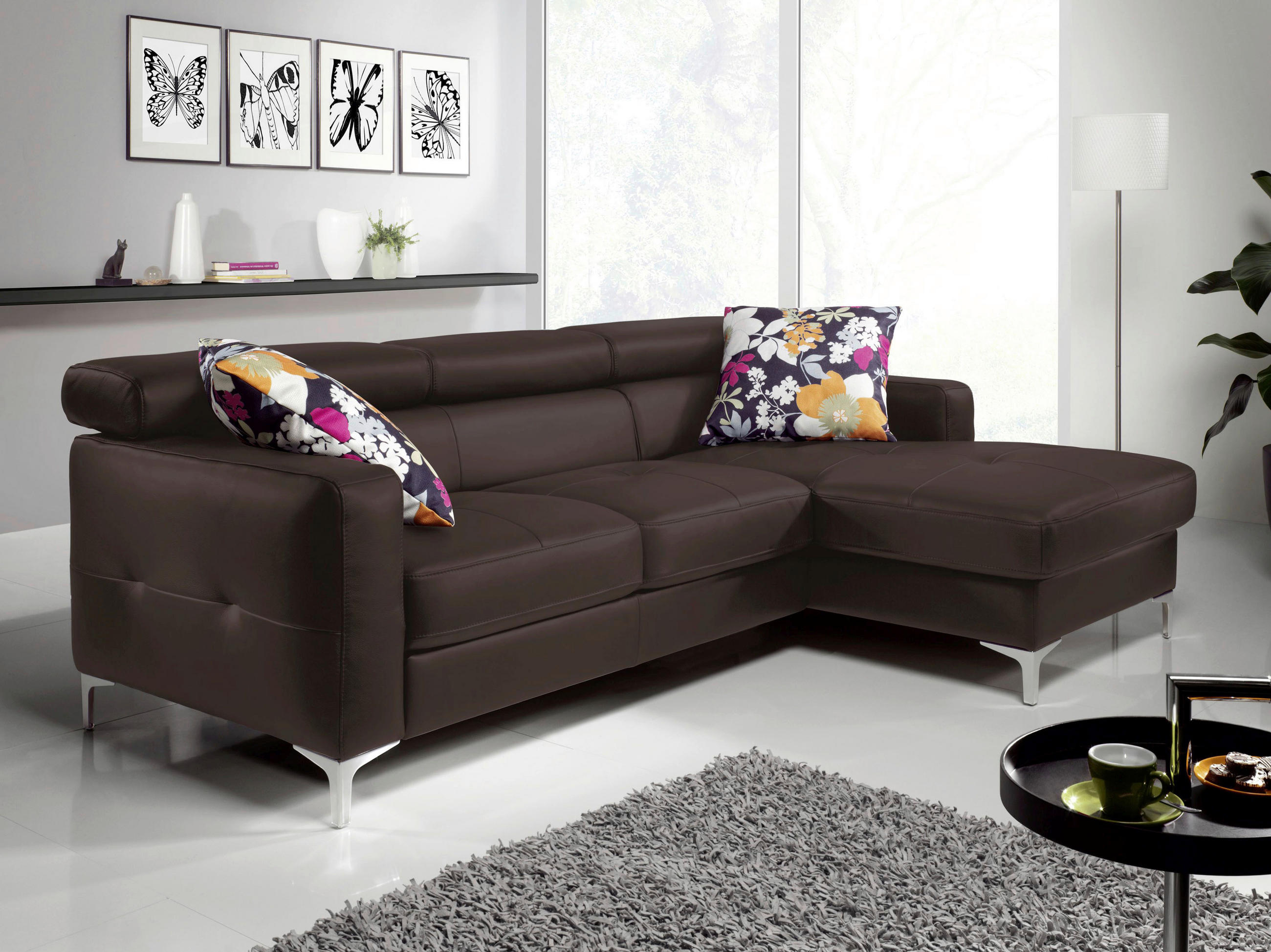 ECKSOFA in Echtleder Dunkelbraun - Chromfarben/Dunkelbraun, Design, Leder/Metall (227/168cm) - Livetastic