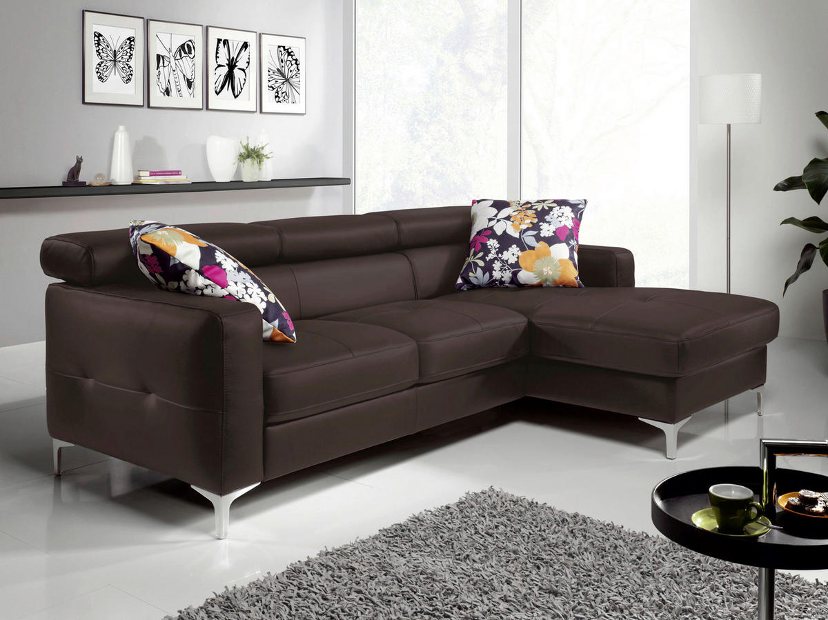 ECKSOFA in Echtleder Dunkelbraun  - Chromfarben/Dunkelbraun, Design, Leder/Metall (226/169cm) - Livetastic