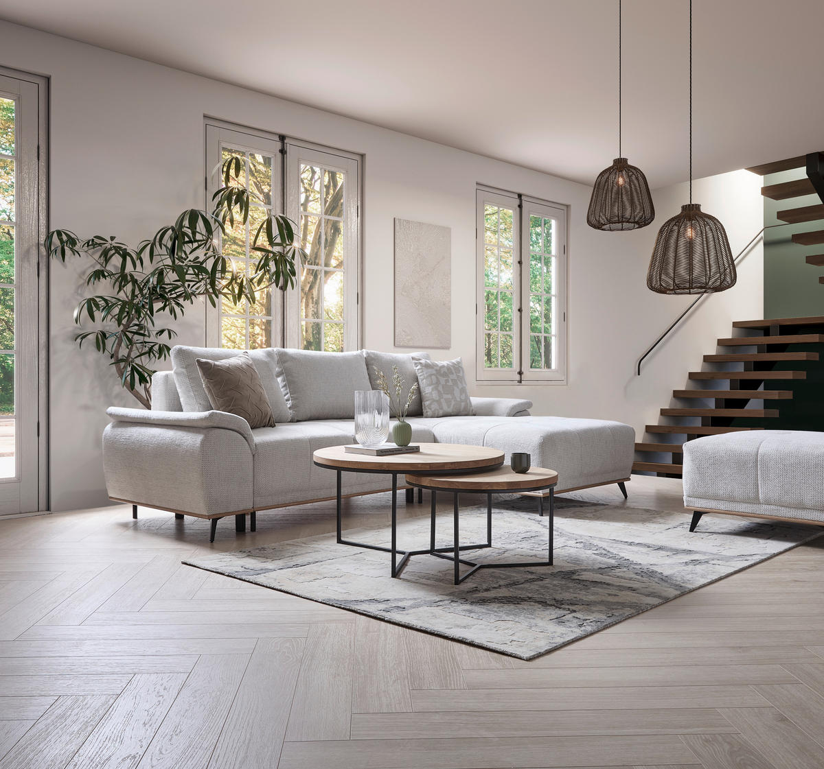 ECKSOFA in Chenille Creme  - Creme/Schwarz, MODERN, Textil/Metall (262/168cm) - home24