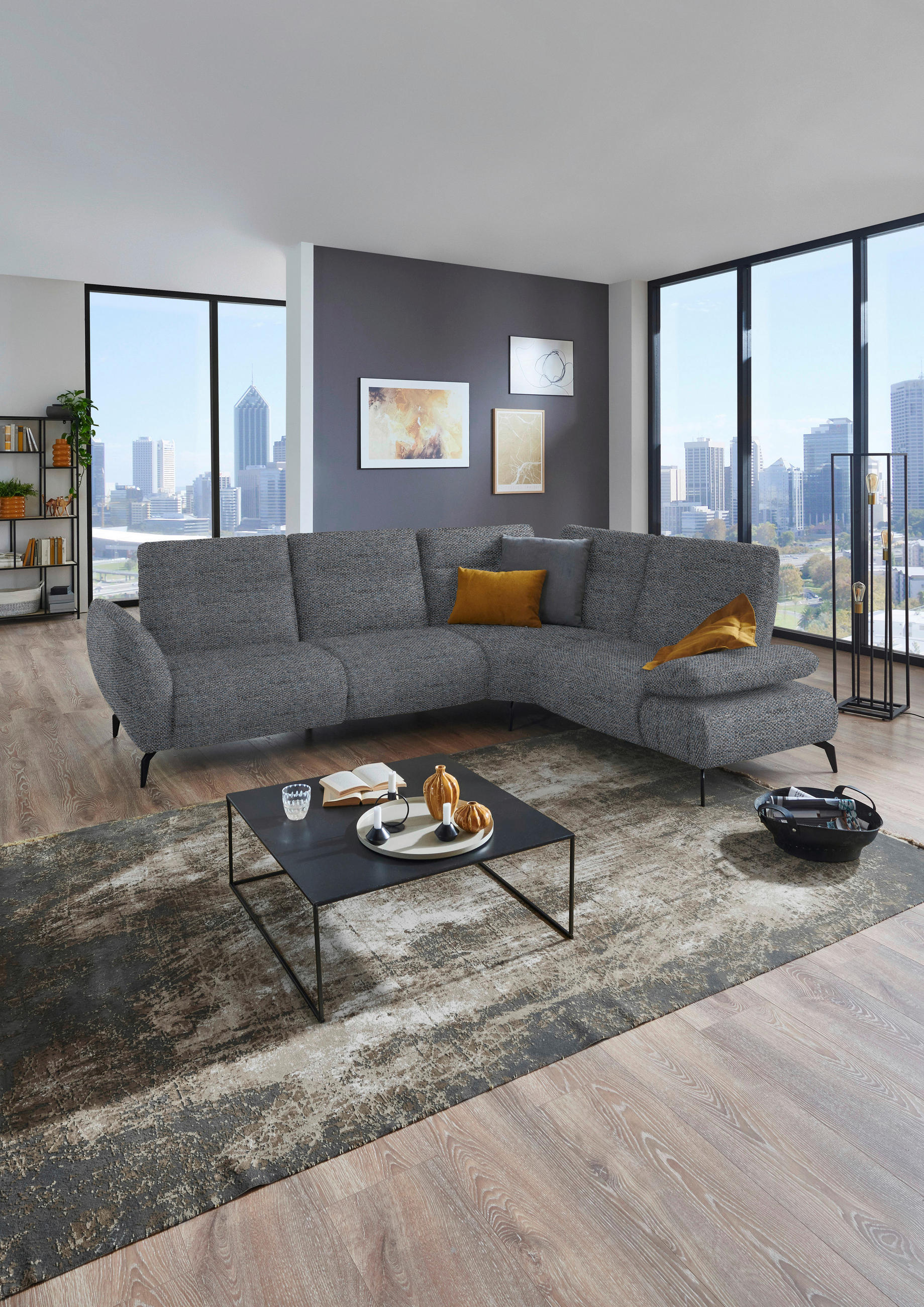 ECKSOFA in Webstoff Grau  - Schwarz/Grau, Design, Textil/Metall (290/223cm) - Moderano