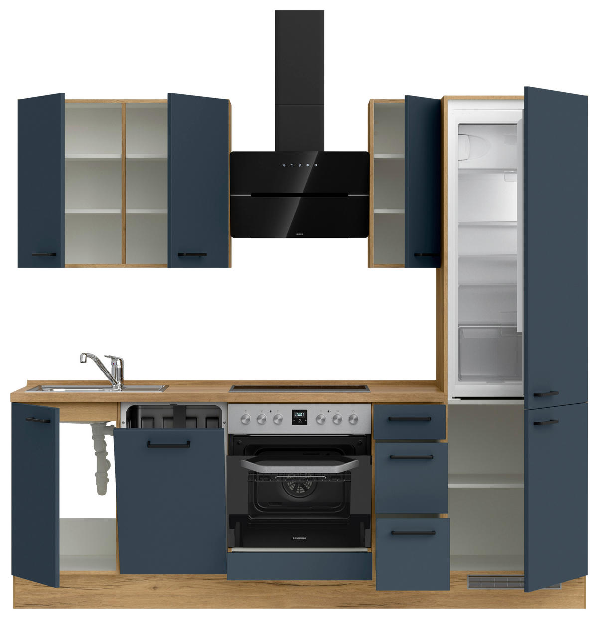 KÜCHENBLOCK Easytouch 240 cm  in Eichefarben, Dunkelblau  - Eichefarben/Schwarz, MODERN, Holzwerkstoff/Metall (240cm) - Nobilia