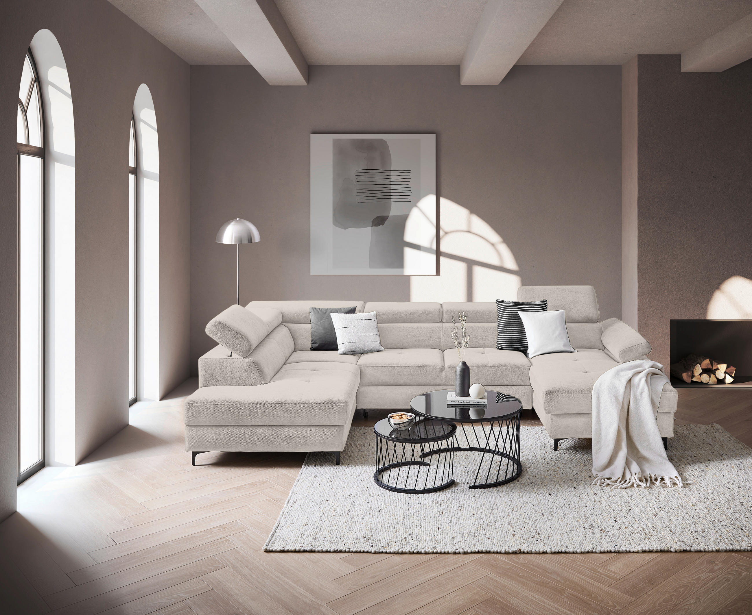 WOHNLANDSCHAFT inkl. Funktion Hellgrau Flachgewebe  - Hellgrau/Schwarz, MODERN, Textil/Metall (206/333/180cm) - Stylife