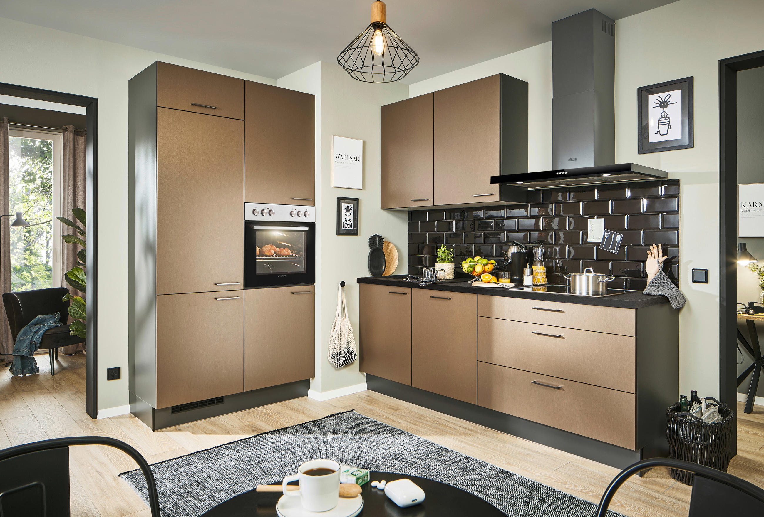 ECKKÜCHE 120/220 cm  in Graphitfarben, Schwarz, Bronzefarben  - Schwarz/Graphitfarben, Design, Holzwerkstoff/Metall (120/220cm) - Xora