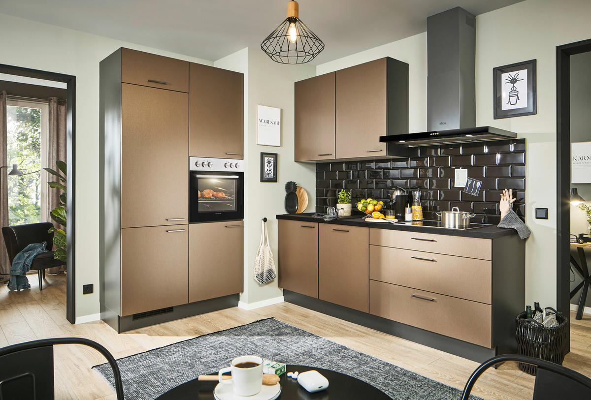 ECKKÜCHE 120/220 cm  in Graphitfarben, Schwarz, Bronzefarben  - Schwarz/Graphitfarben, Design, Holzwerkstoff/Metall (120/220cm) - Xora