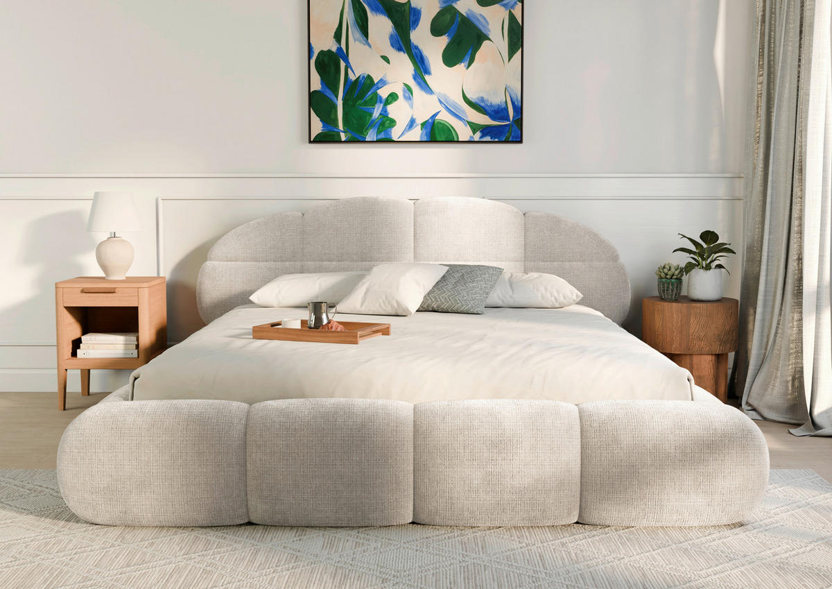 POLSTERBETT 180/200 cm,  in Beige, gepolstertes Kopfteil, Lattenrost, Bettkasten,  - Beige/Schwarz, Design, Holz/Textil (180/200cm) - Chameo