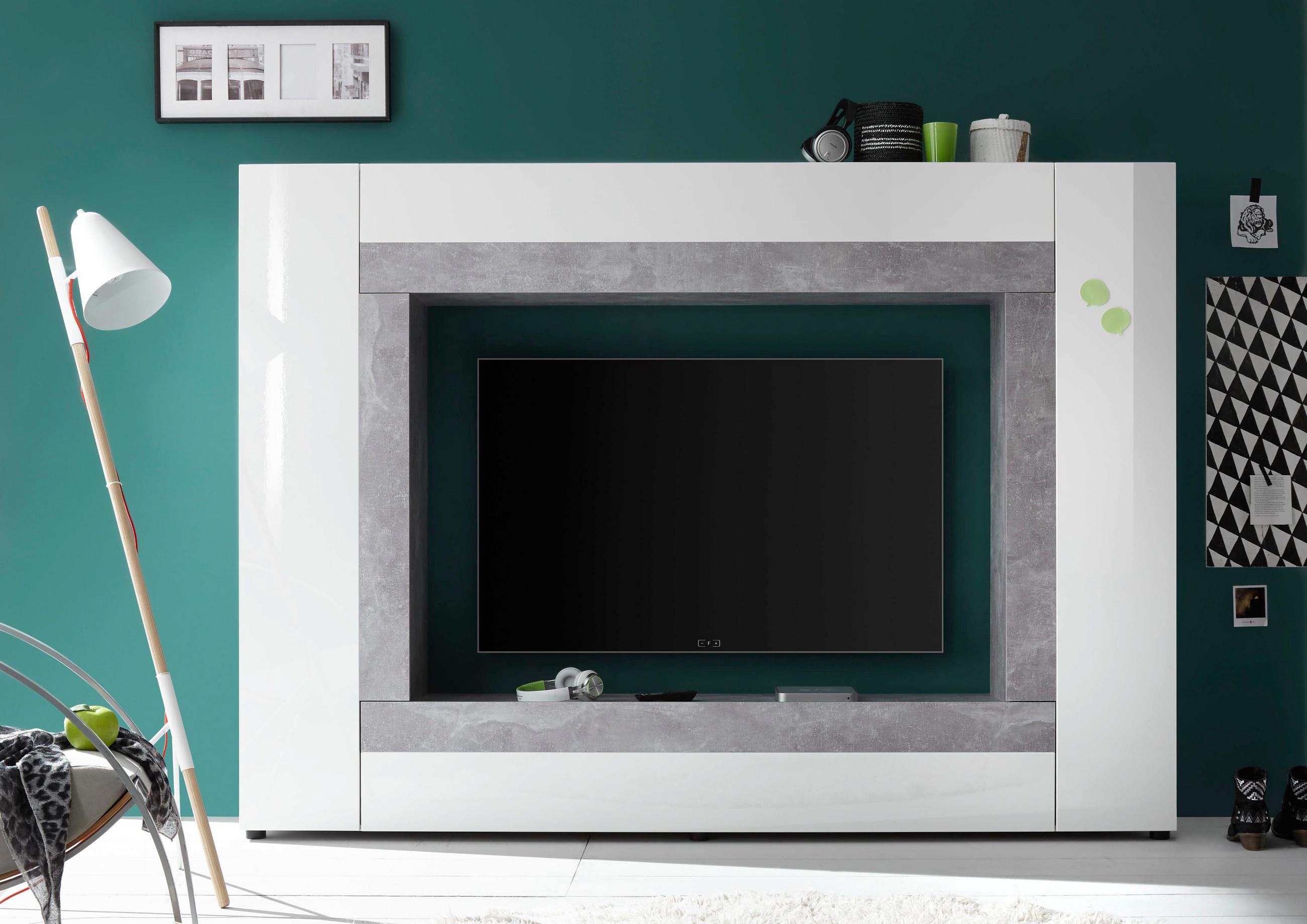 Wohnwand in Grau, Weiß