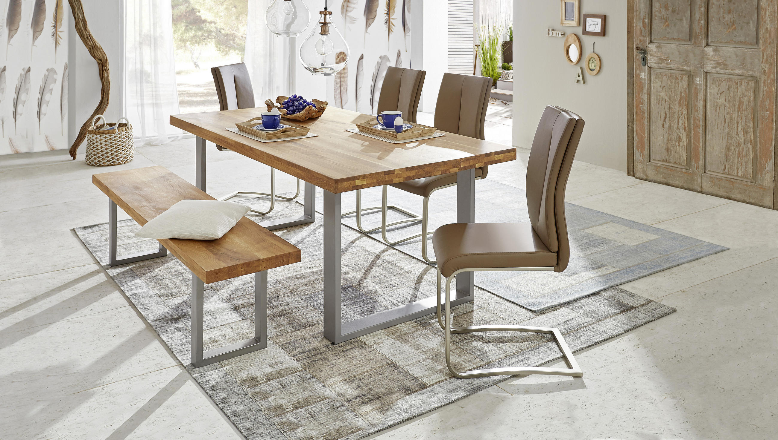 SITZBANK 180/45/40 cm Wildeiche Wildeiche massiv Metall  - Wildeiche/Grau, Design, Holz/Metall (180/45/40cm) - Carryhome