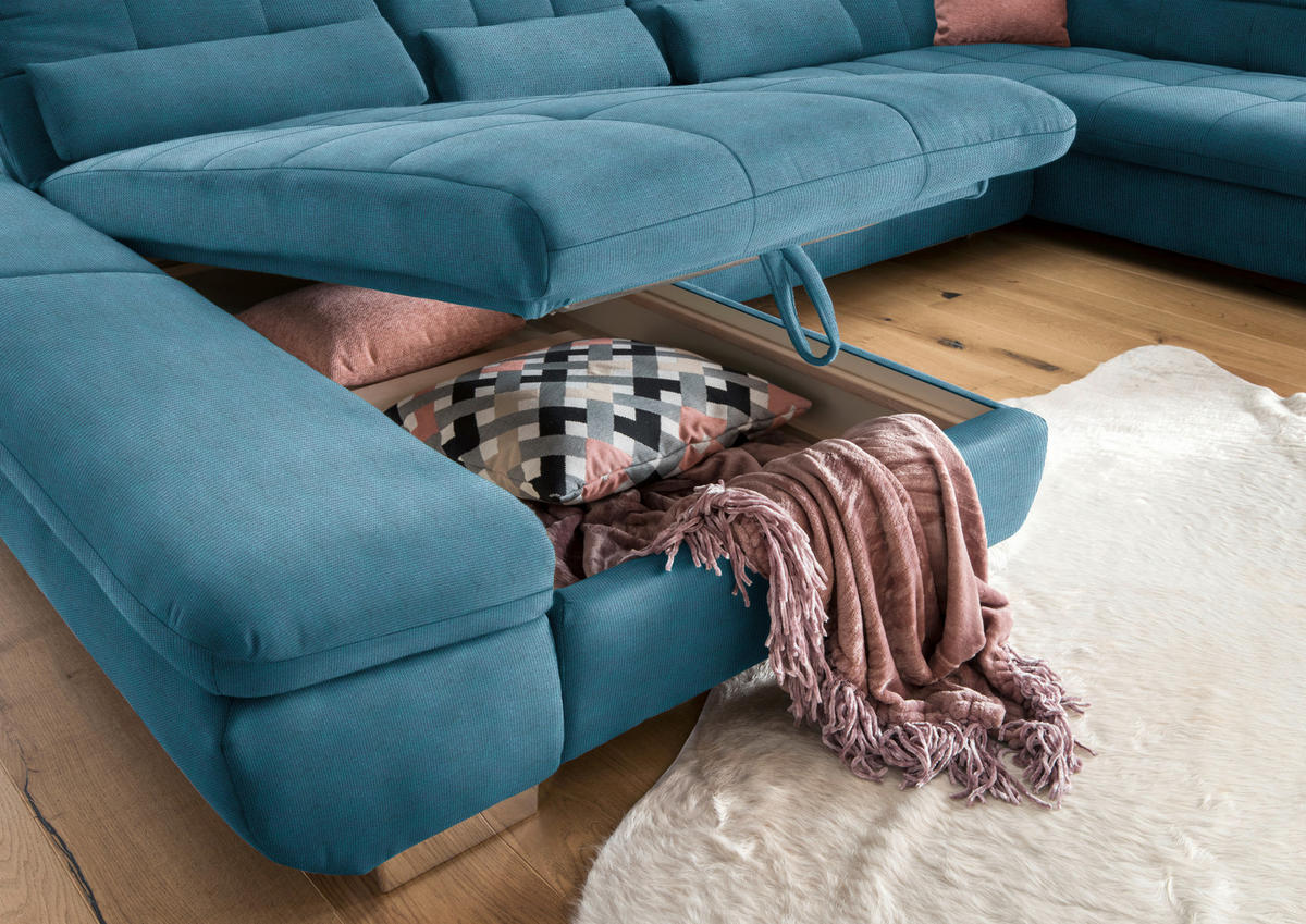 WOHNLANDSCHAFT in Mikrofaser Blau  - Chromfarben/Blau, Design, Kunststoff/Textil (204/350/211cm) - Xora
