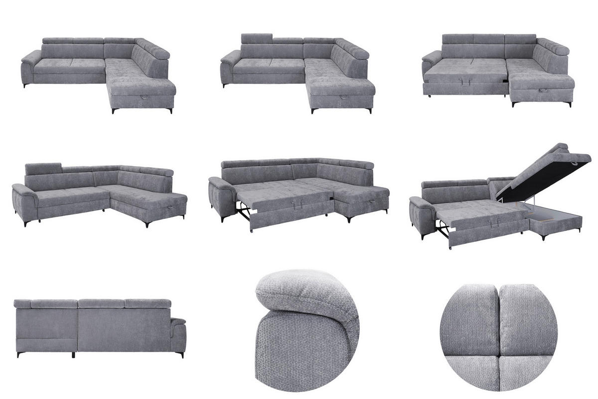 ECKSOFA Hellgrau Chenille Bettkasten, Schlaffunktion, Rücken echt, Kopfteilverstellung, Liegefläche im Originalstoff  - Hellgrau/Schwarz, KONVENTIONELL, Textil/Metall (265/206cm) - Carryhome