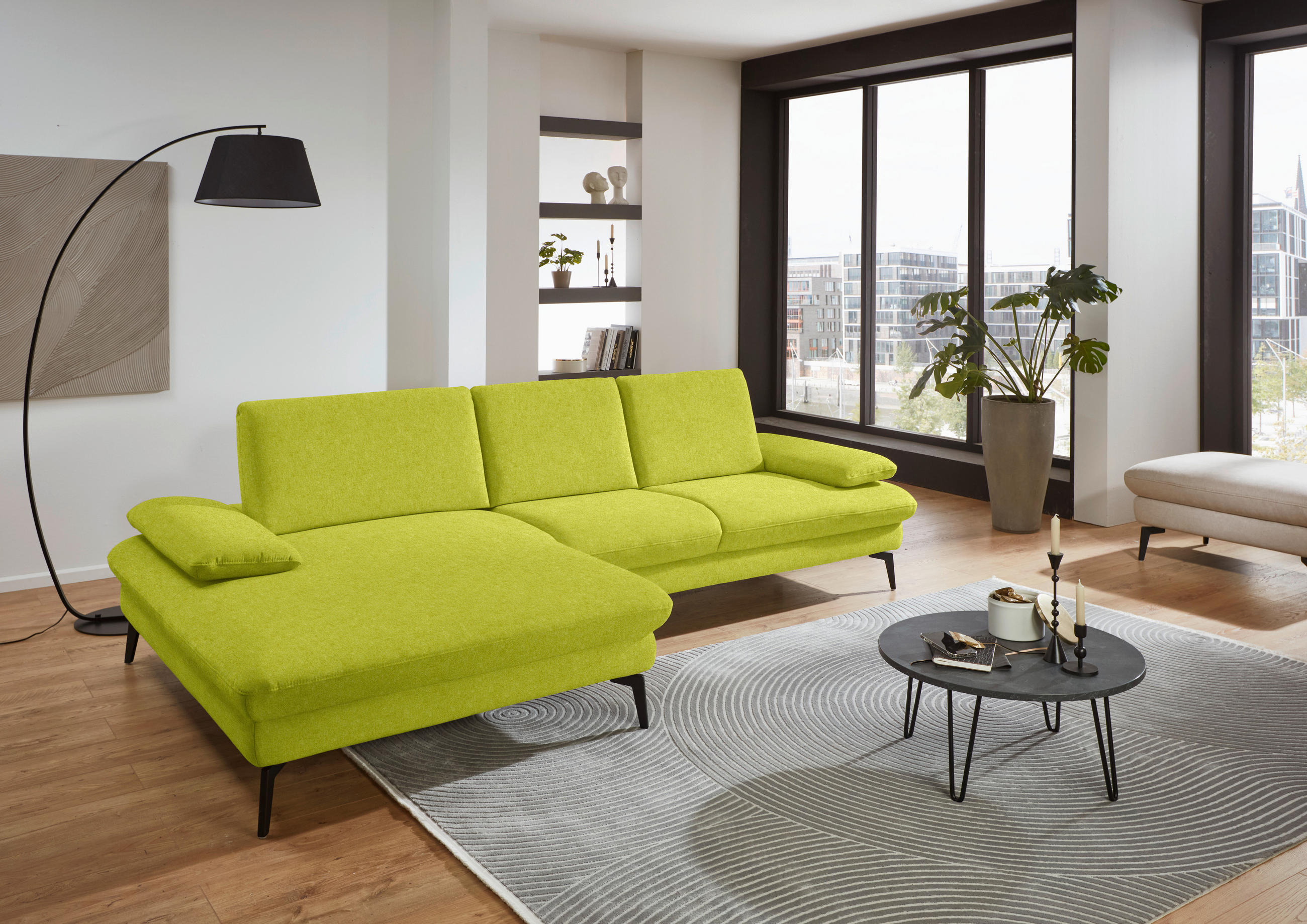 ECKSOFA in Chenille, Mikrofaser Limette  157/299 cm  - Limette/Schwarz, Design, Textil/Metall (157/299cm) - Dieter Knoll