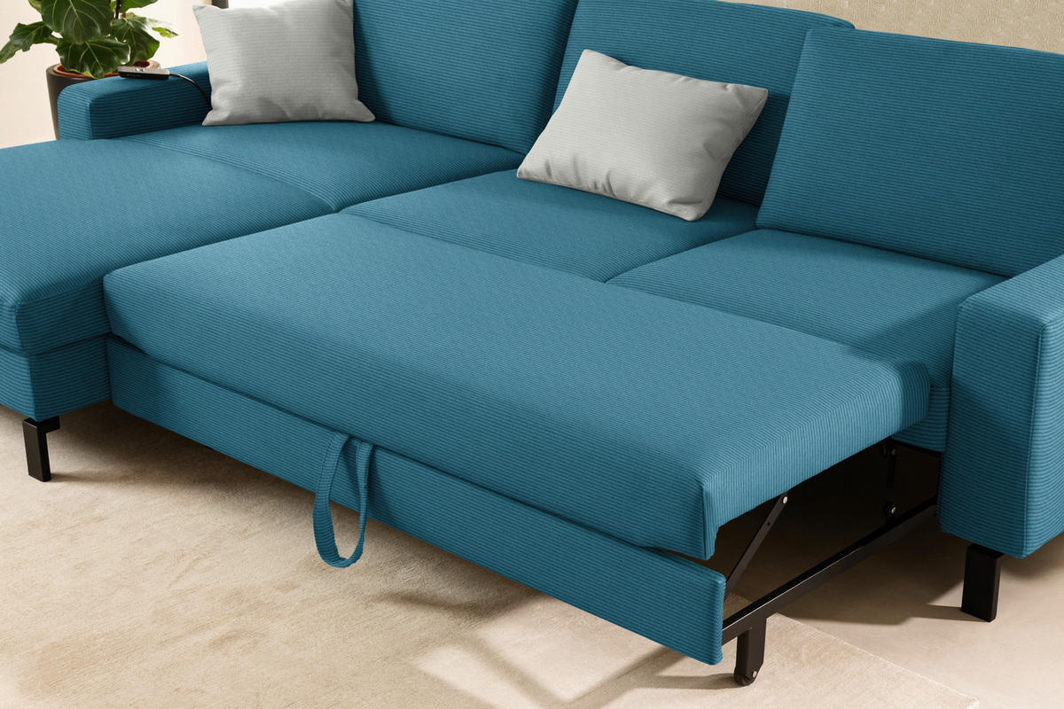 ECKSOFA  in Cord Petrol Rücken echt, Sitztiefenverstellung  185/298 cm  - Petrol/Schwarz, Design, Textil/Metall (185/298cm) - Pure Home Lifestyle