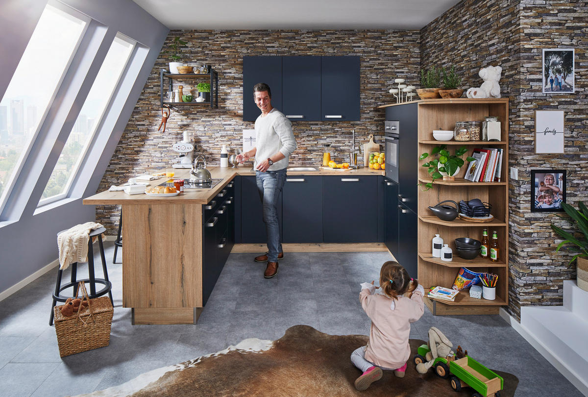 EINBAUKÜCHE   - Eichefarben/Anthrazit, Basics, Holzwerkstoff - Welnova