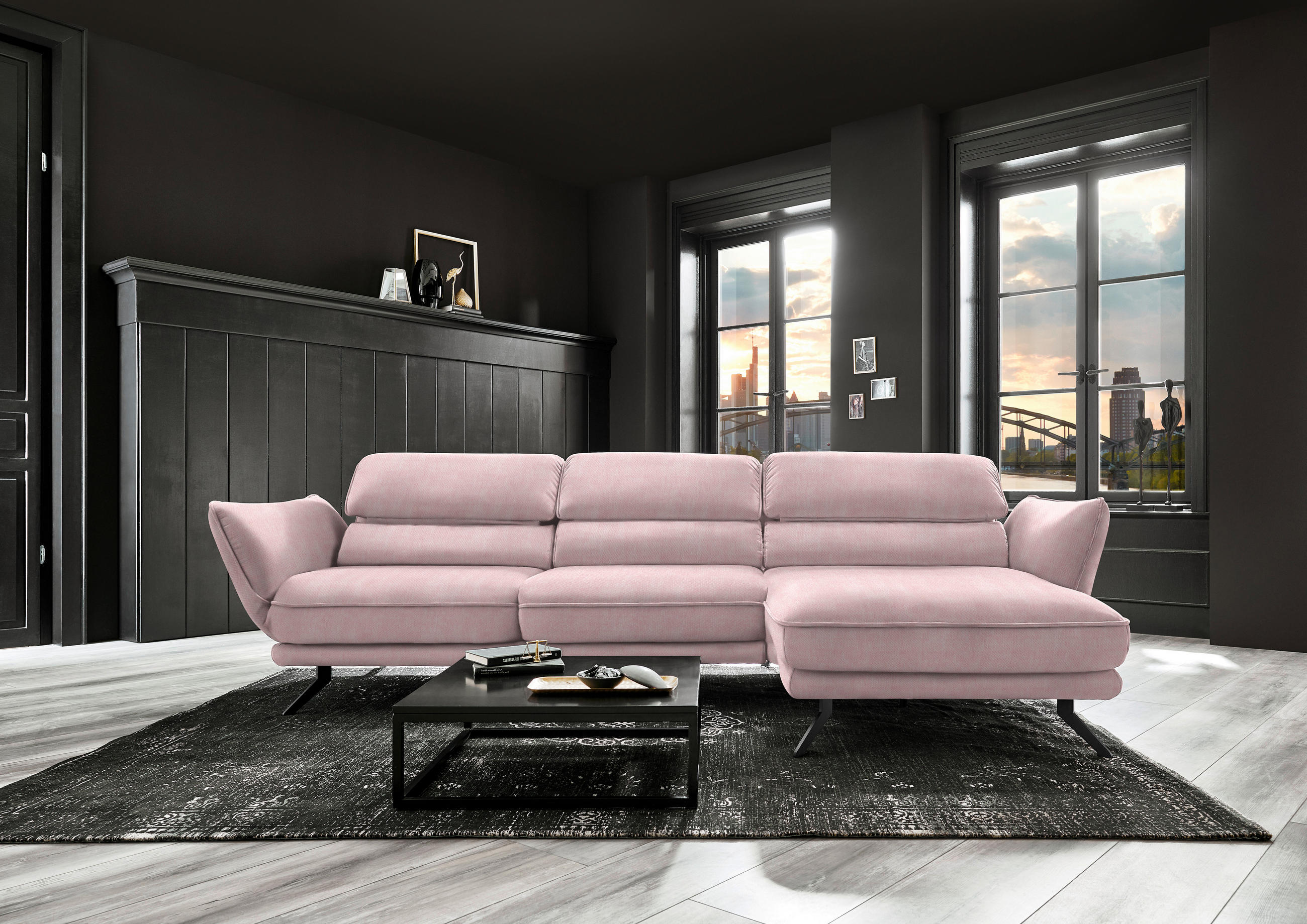 ECKSOFA in Velours Hellrosa  - Hellrosa/Schwarz, Design, Textil/Metall (283/153cm) - Valdera