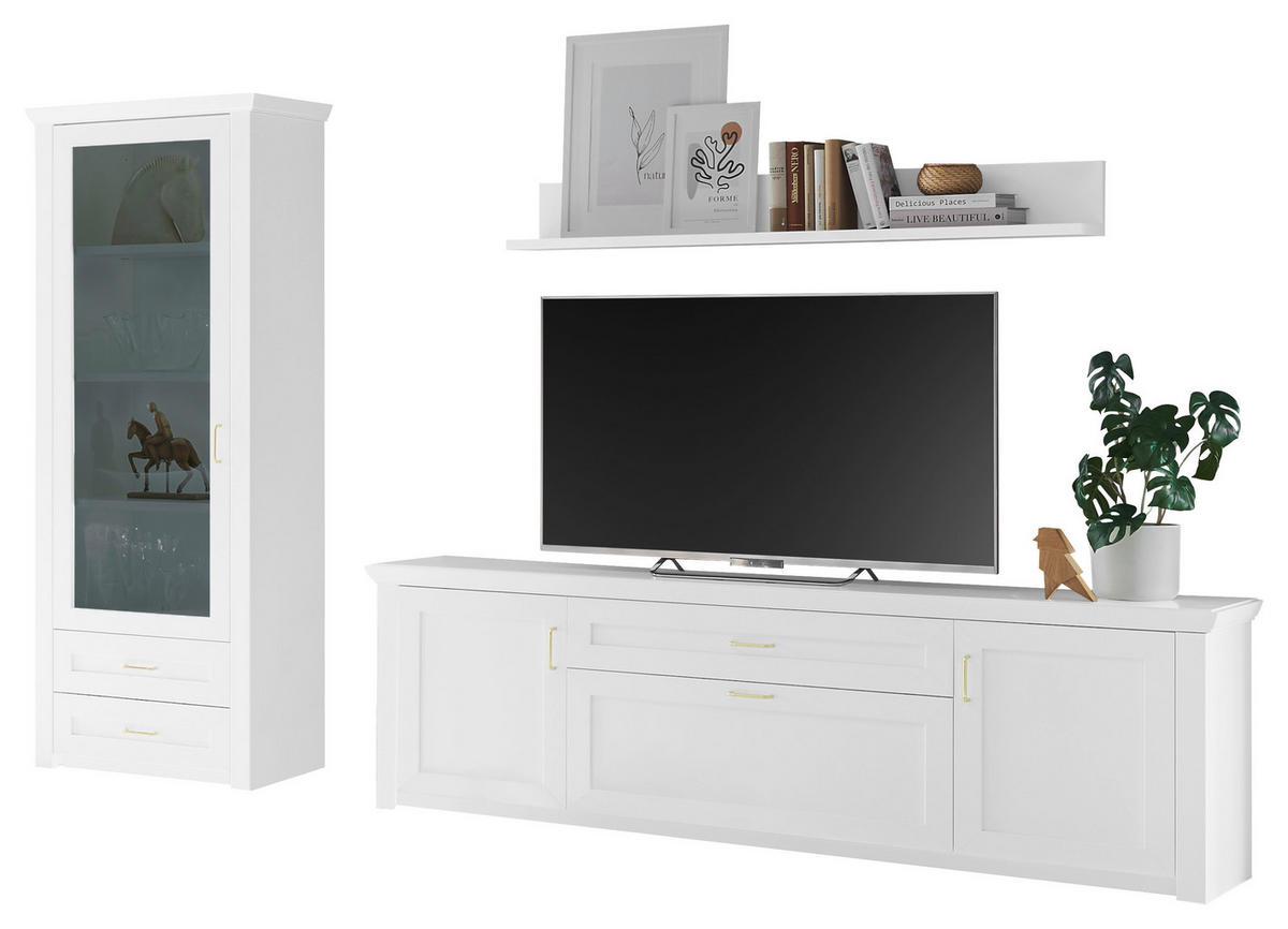 WOHNWAND  in Weiß  304/185/43 cm  - Messingfarben/Weiß, LIFESTYLE, Glas/Holzwerkstoff (304/185/43cm) - Landscape