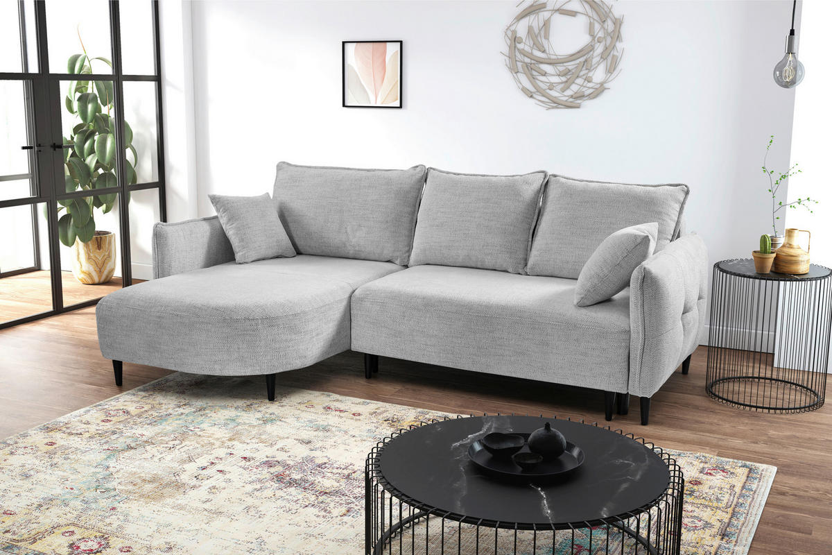 ECKSOFA in Struktur Hellgrau  165/244 cm  - Hellgrau/Schwarz, Design, Holz/Textil (165/244cm) - MID.YOU