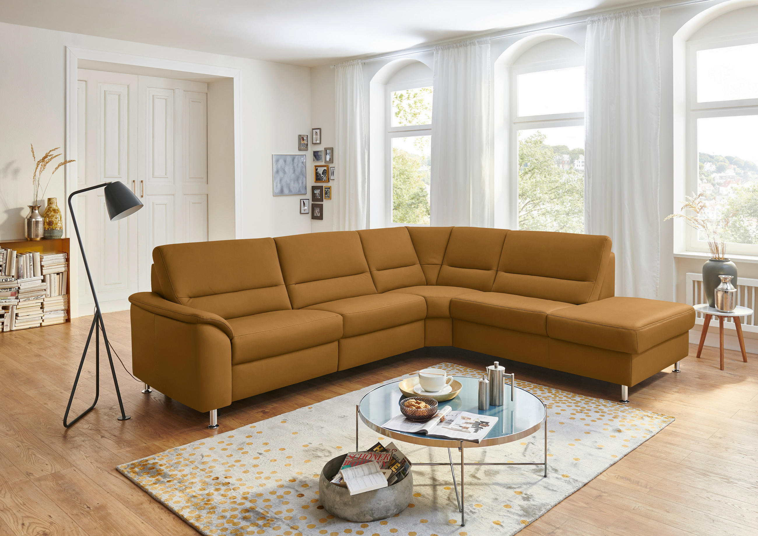 ECKSOFA in Echtleder Dunkelgelb  - Dunkelgelb/Alufarben, Konventionell, Leder/Metall (290/249cm) - Beldomo Premium