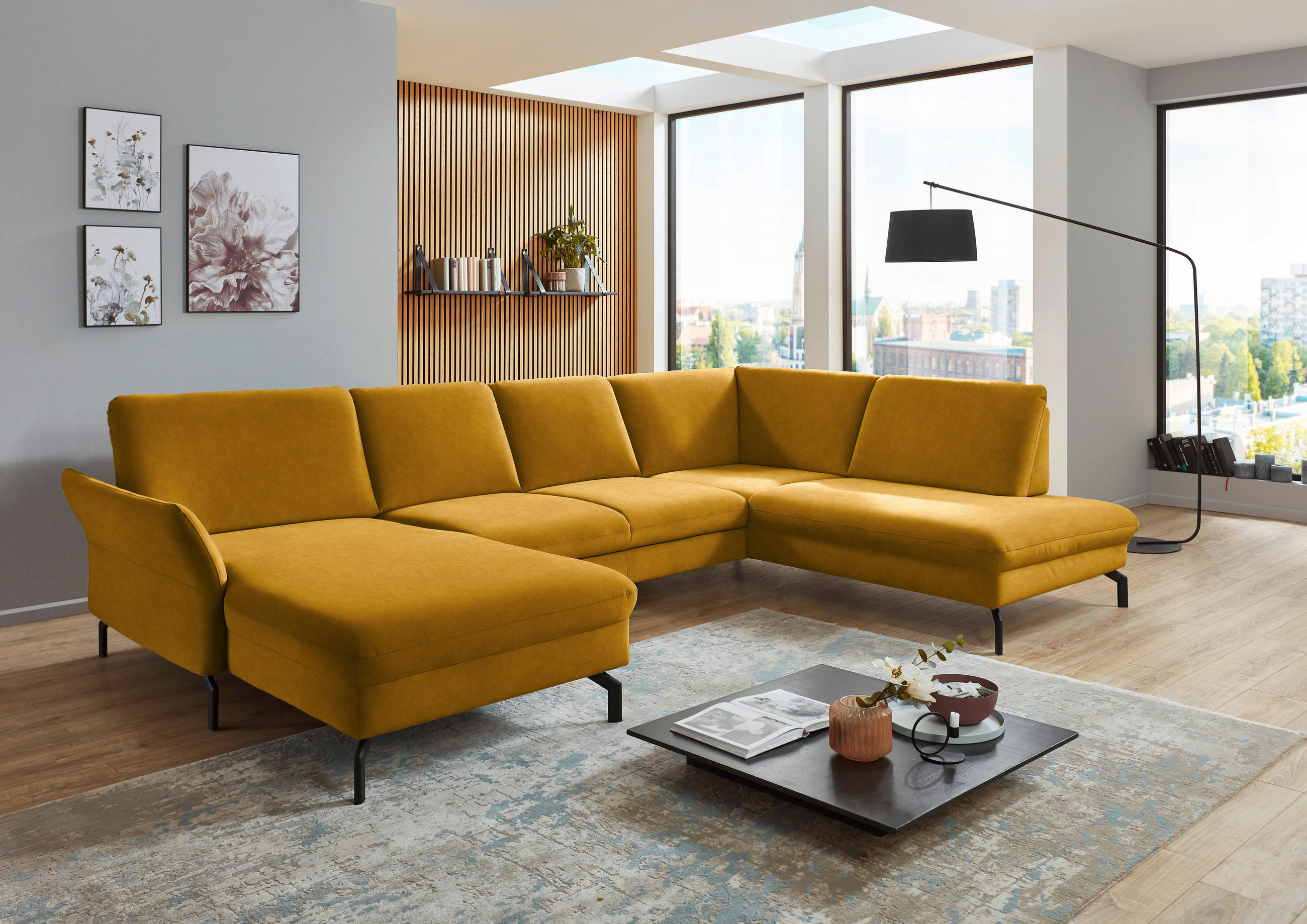 WOHNLANDSCHAFT Currygelb Velours  - Currygelb/Schwarz, Design, Textil/Metall (179/335/220cm) - Beldomo System