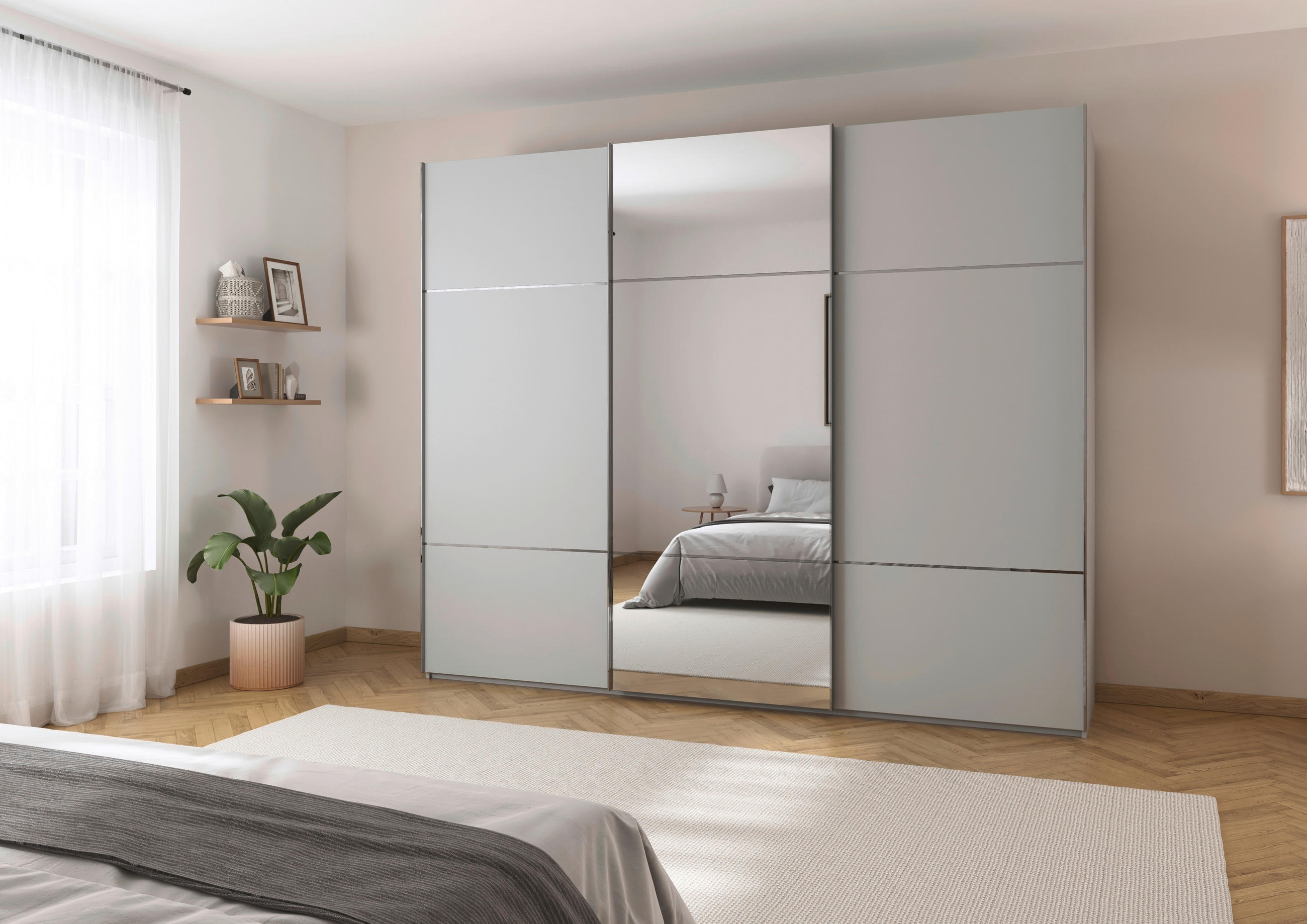 SCHWEBETÜRENSCHRANK in Grau  - Chromfarben/Grau, Konventionell, Glas/Holzwerkstoff (301/223/68cm) - Novel