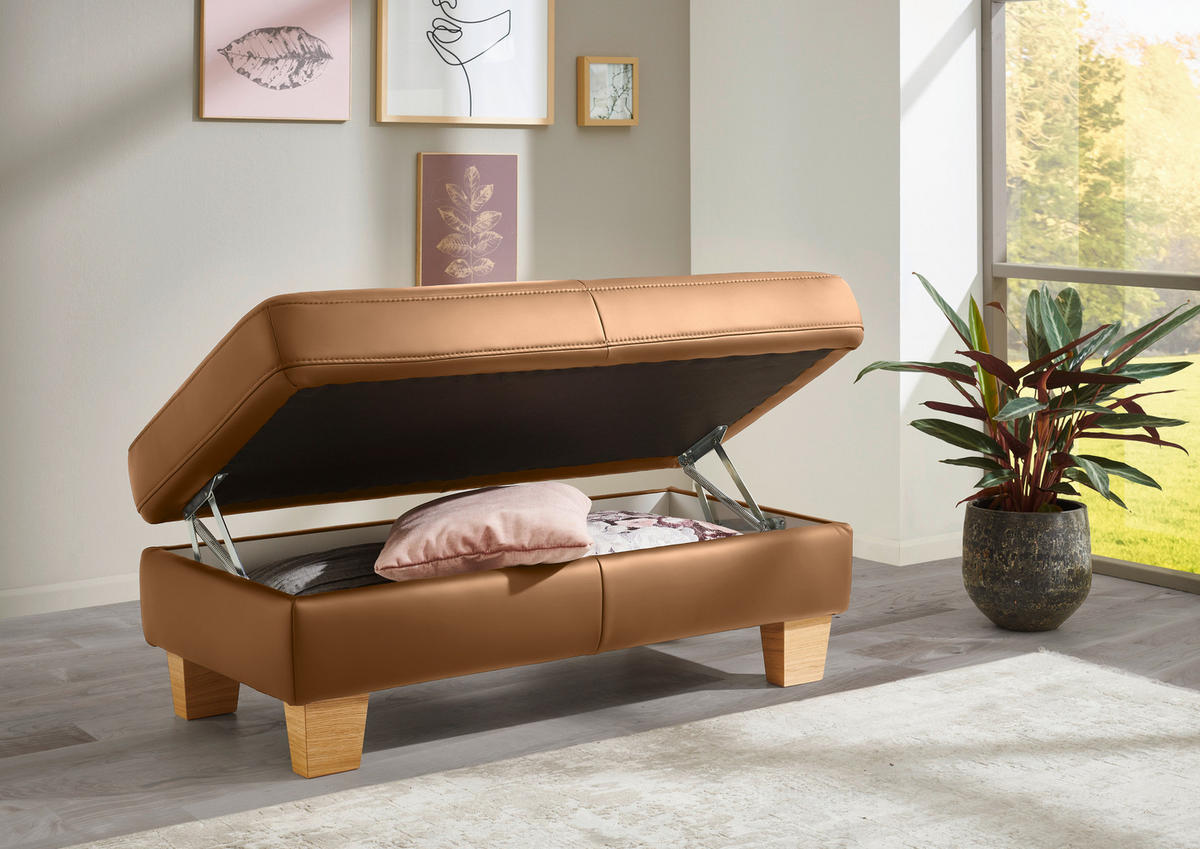 ECKSOFA in Echtleder Hellbraun  - Hellbraun/Eiche Bianco, Konventionell, Leder/Holz (257/235cm) - Valdera