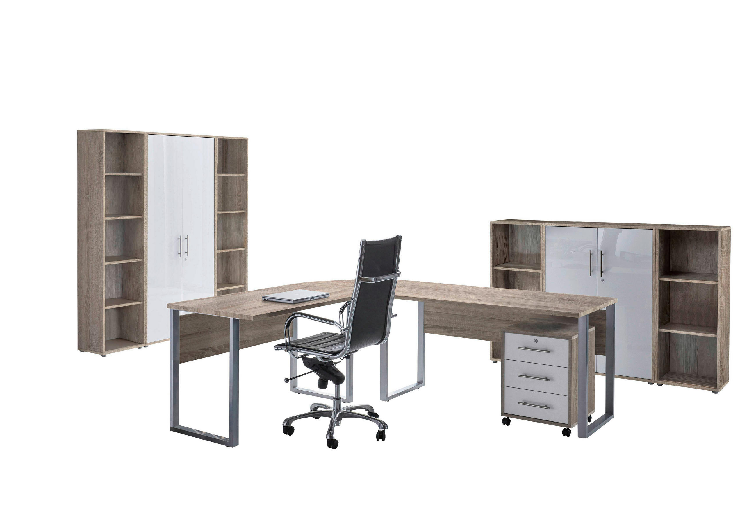 BÜRO erweiterbar, in verschiedenen Holz-Dekoren erhältlich, Schreibtisch seitenverkehrt montierbar, abschließbar Sonoma Eiche, Weiß Hochglanz - Weiß Hochglanz/Sonoma Eiche, MODERN, Holzwerkstoff - MID.YOU