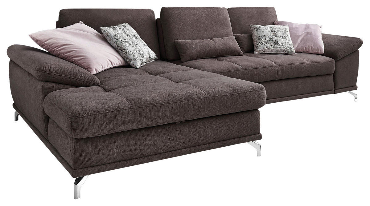 ECKSOFA  in Flachgewebe Dunkelbraun Sitztiefenverstellung  176/301 cm  - Dunkelbraun/Silberfarben, KONVENTIONELL, Textil/Metall (176/301cm) - Sit & More