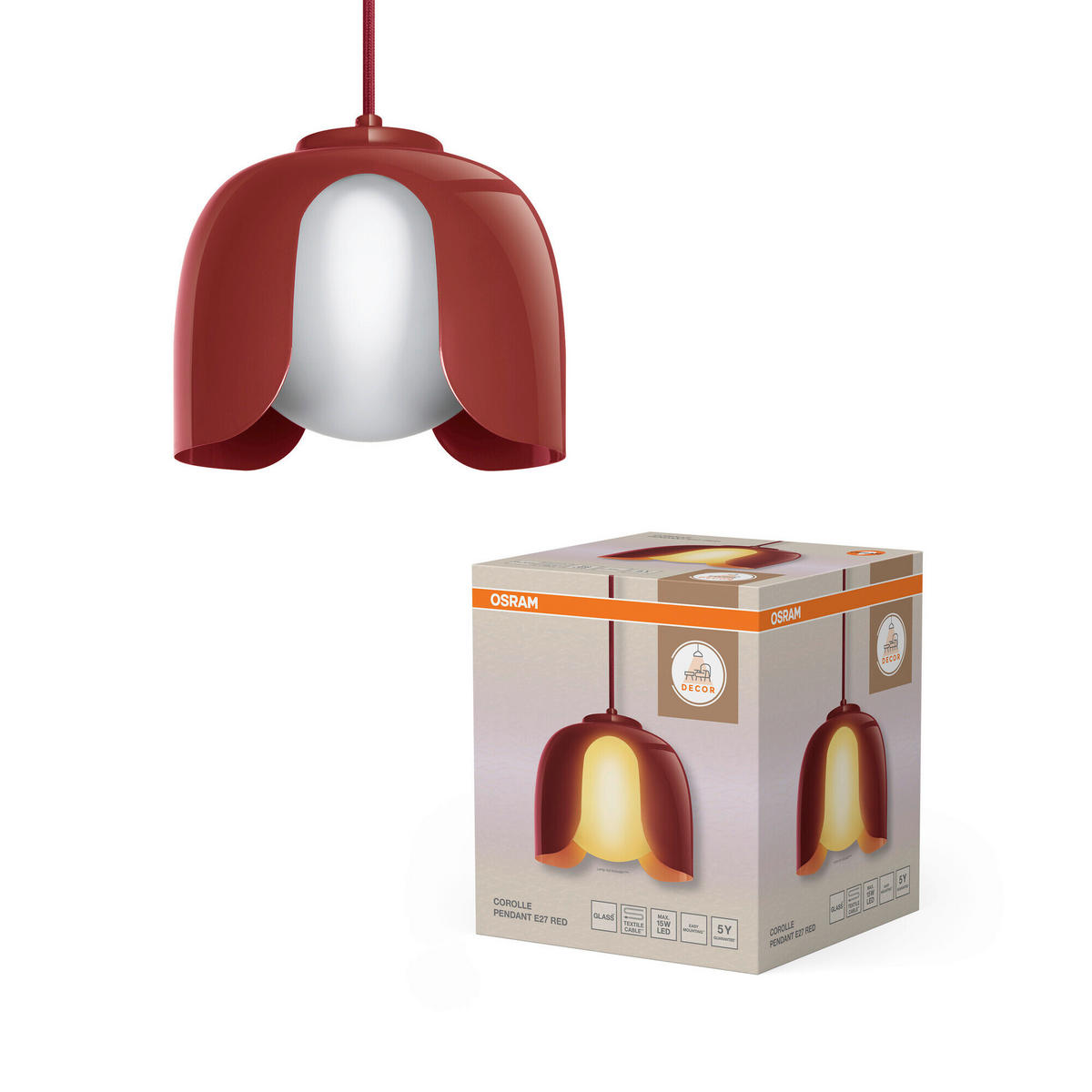 PENDELLEUCHTE 20/121,5 cm  - Rot, Basics, Glas/Metall (20/121,5cm) - Osram