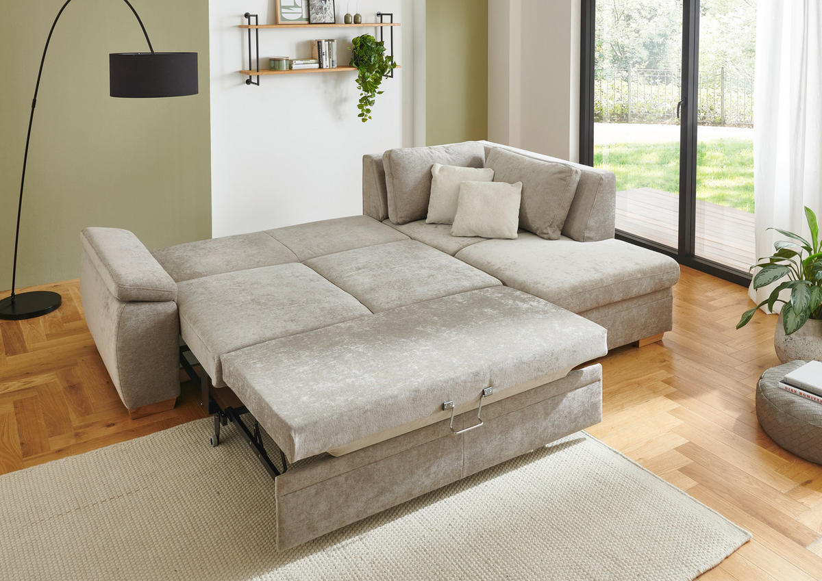 ECKSCHLAFSOFA  in Chenille Hellbraun  - Hellbraun/Eiche Bianco, KONVENTIONELL, Holz/Textil (253/170cm) - Beldomo Style