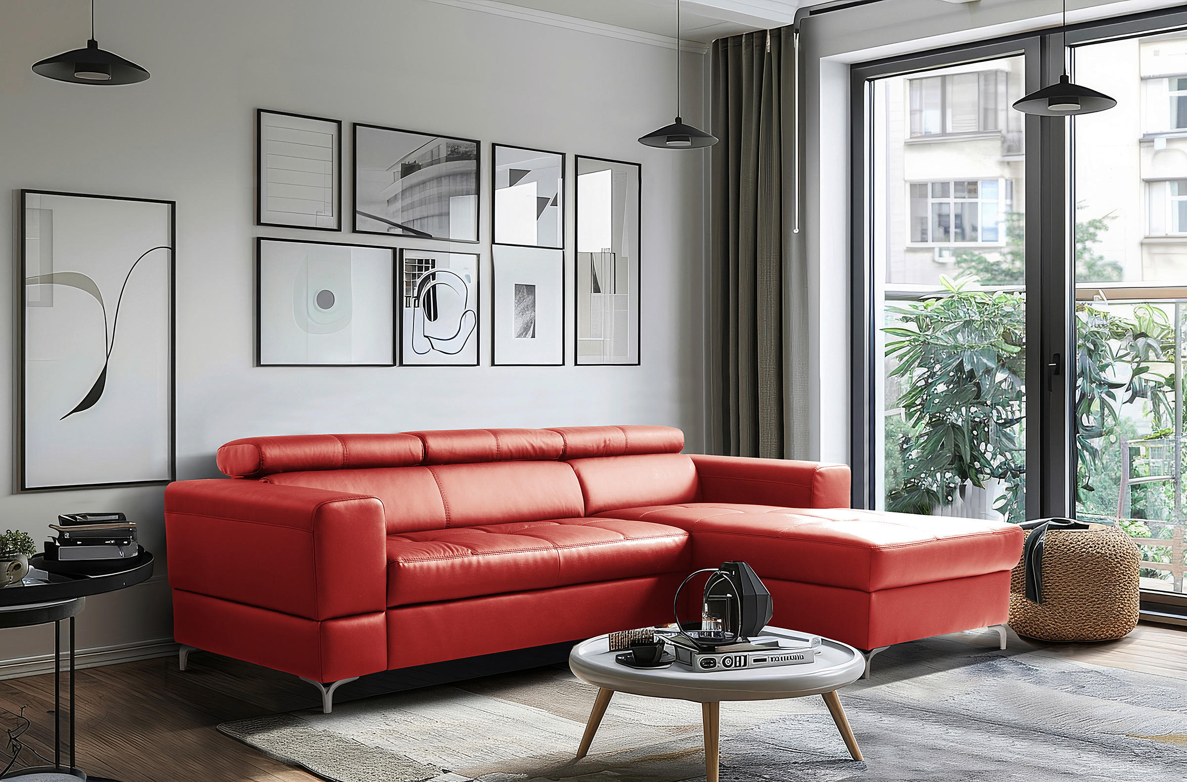ECKSOFA Rot Echtleder Lederlook Bettkasten, Schlaffunktion, Rücken echt, Kopfteilverstellung  - Rot/Schwarz, Design, Leder/Textil (247/173cm) - Livetastic
