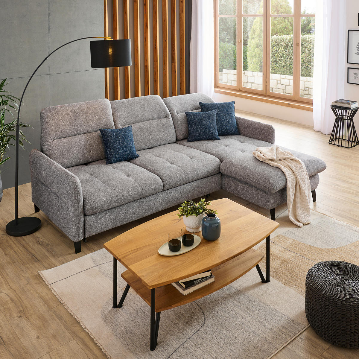 ECKSOFA Hellgrau Plüsch  - Hellgrau/Schwarz, KONVENTIONELL, Textil/Metall (254/190cm) - Livetastic