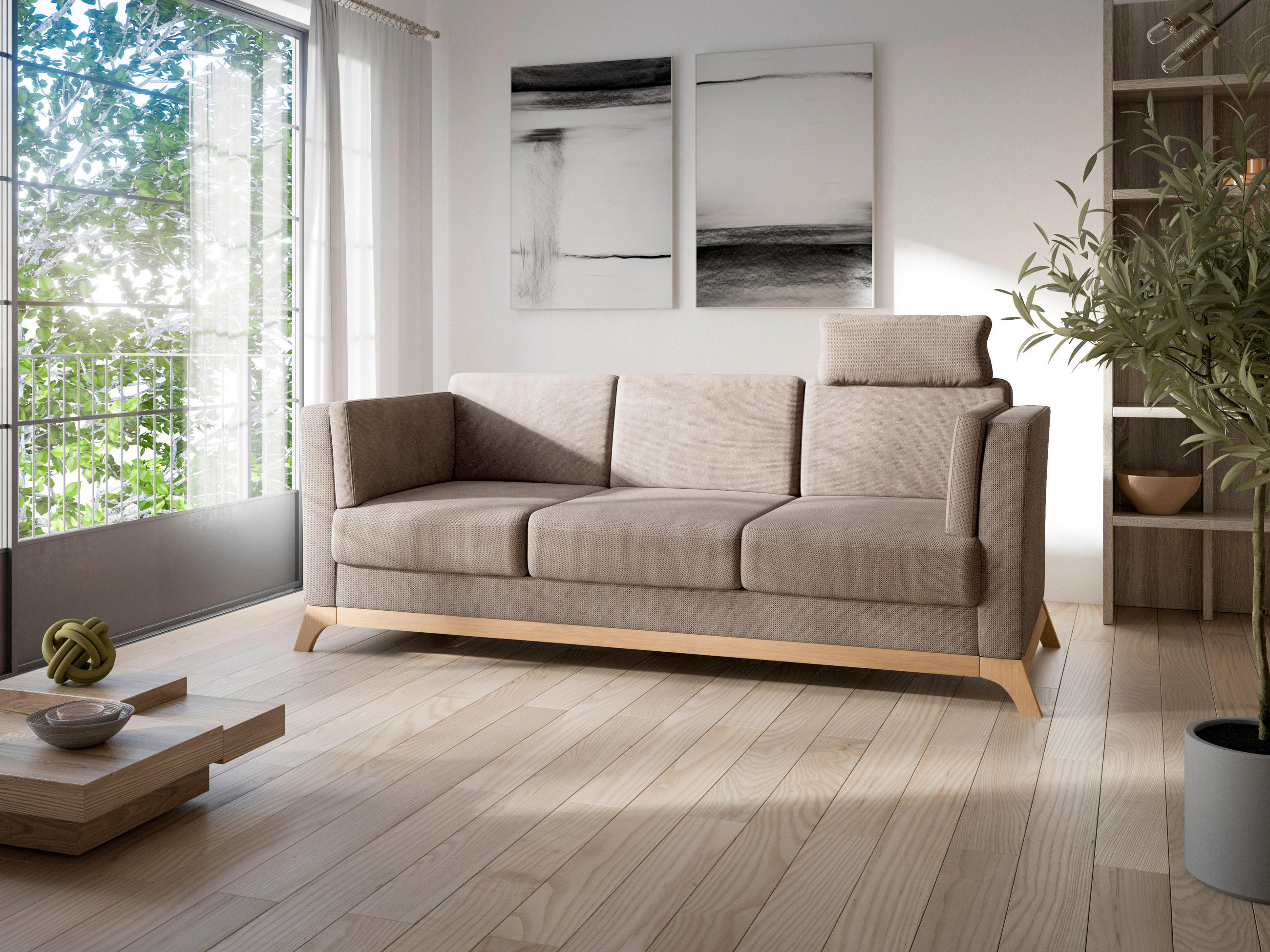 3-SITZER-SOFA in Flachgewebe Taupe  - Taupe/Eichefarben, KONVENTIONELL, Holz/Textil (213/84/93cm) - Sit & More