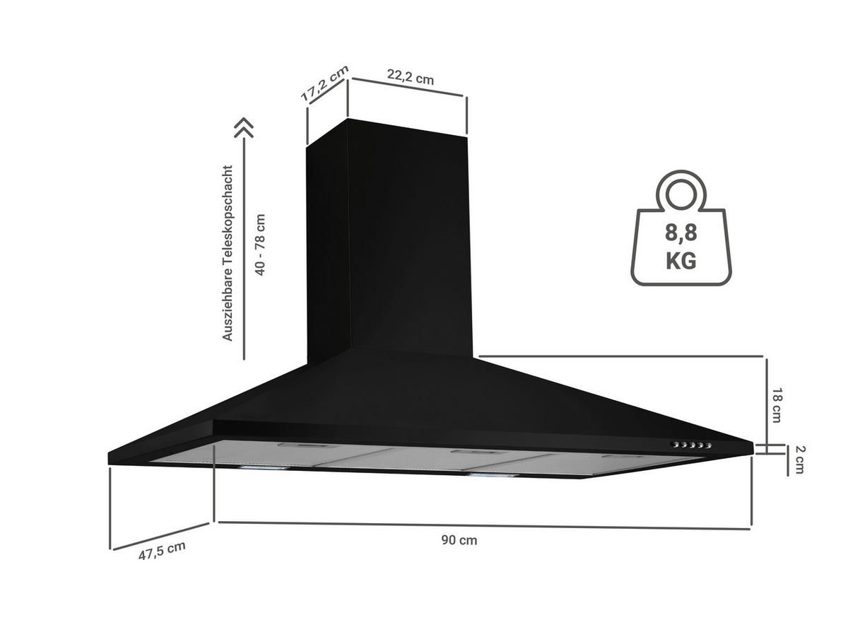 DUNSTABZUGSHAUBE CH22055-90S  - Schwarz, Basics, Metall (90/58-96/47,5cm) - Respekta