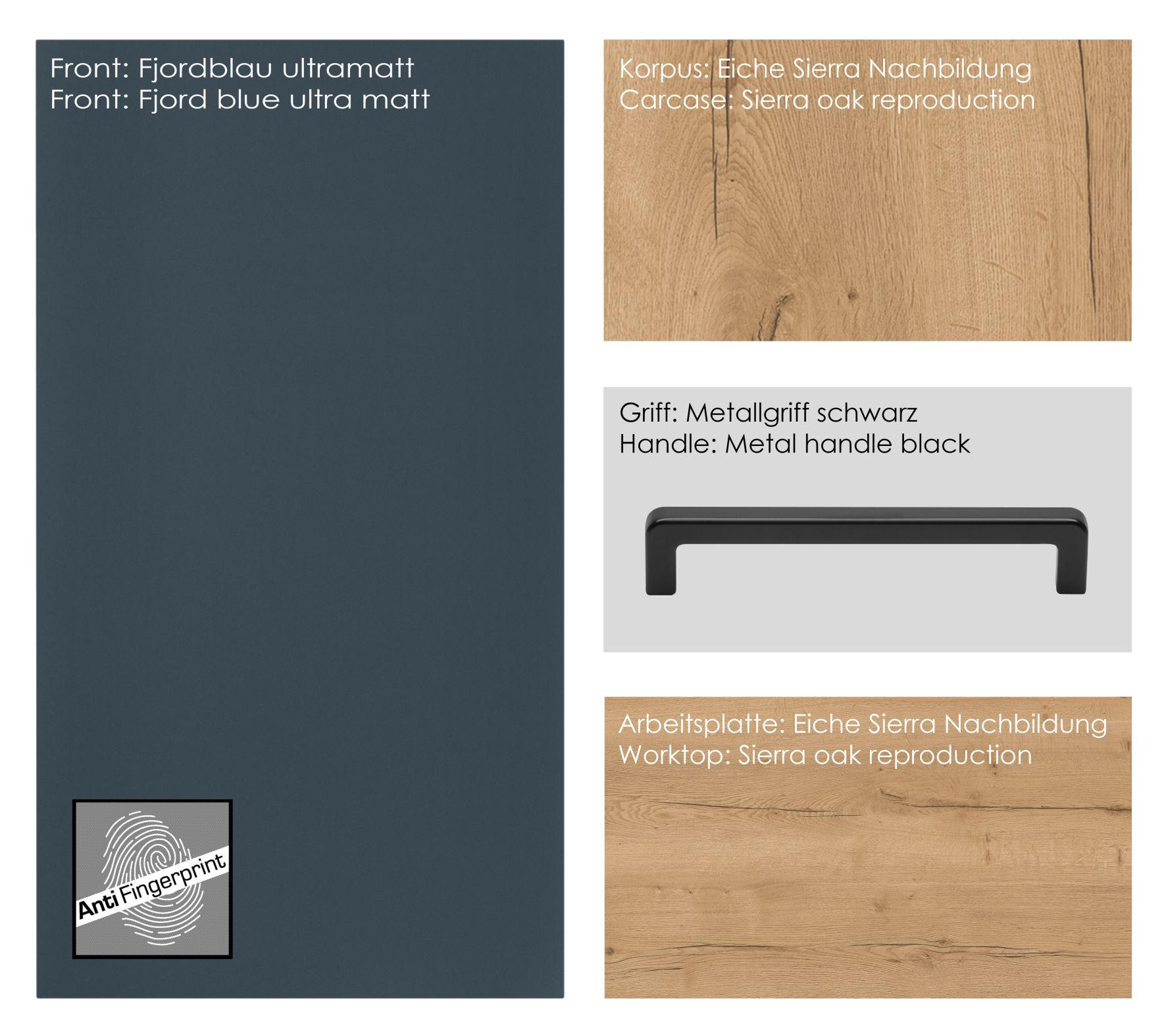 KÜCHENBLOCK Easytouch 300 cm  in Eichefarben, Dunkelblau  - Eichefarben/Schwarz, MODERN, Holzwerkstoff/Metall (300cm) - Nobilia