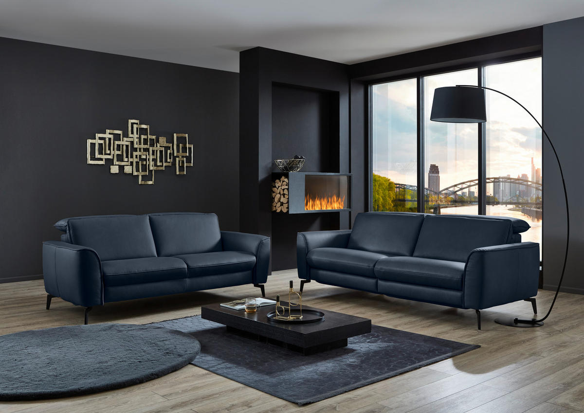 3-SITZER-SOFA in Echtleder Dunkelblau  - Schwarz/Dunkelblau, Natur, Leder/Metall (222/81/110cm) - Valdera