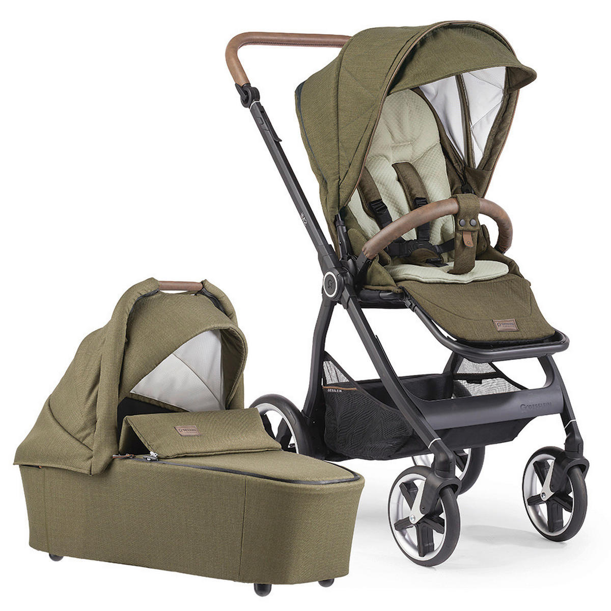 KINDERWAGENSET  Fusion Panorama Lyx Set inkl. Wickeltasche  Moosgrün  - Schwarz/Olivgrün, Basics, Textil/Metall (57/129/100cm) - Gesslein