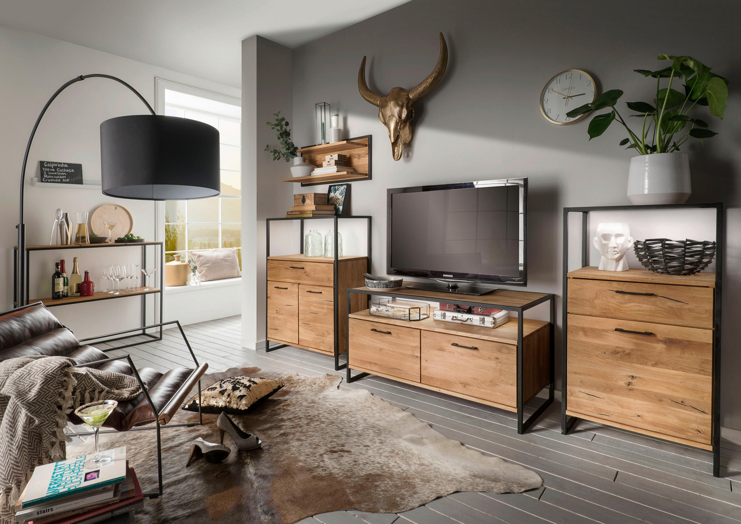 TV-ELEMENT - Eichefarben/Schwarz, Design, Holz/Metall (115/60/52cm) - Linea Natura