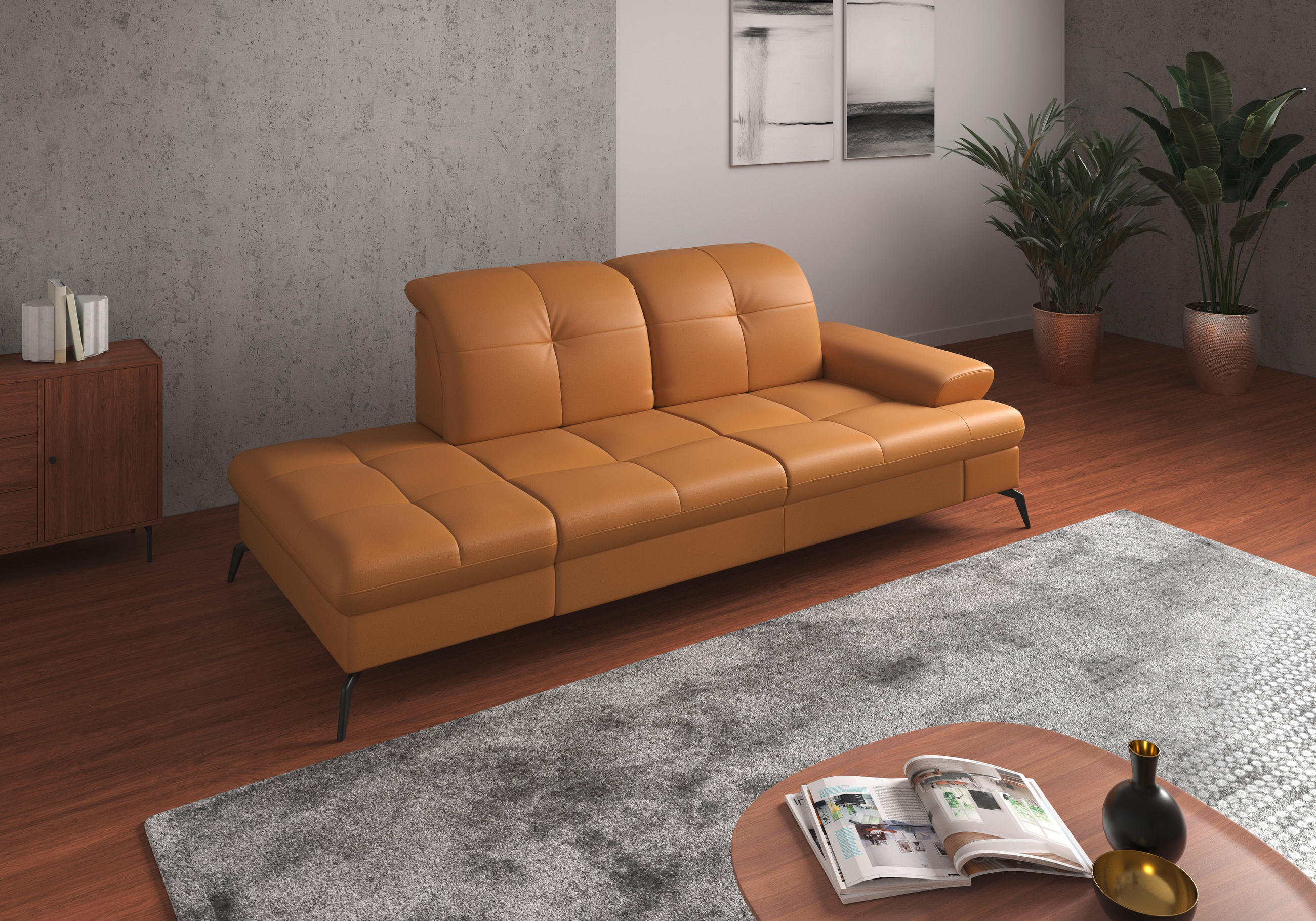 RÉCAMIERE Currygelb Kombination Echtleder/Stoff Vliesstoff - Currygelb/Schwarz, KONVENTIONELL, Leder/Textil (231/90/122cm) - Sit & More