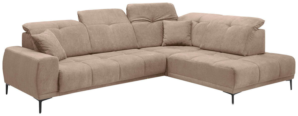 ECKSOFA NESTO Hellbraun Chenille Zierkissen, Kopfteilverstellung, Sitzvorzug  - Hellbraun/Schwarz, Basics, Textil/Metall (305/232cm) - Livetastic