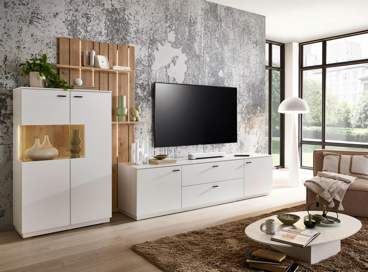 WOHNWAND  Weiss, Eiche Artisan 338/199/50 cm  - Weiss/Schwarz, Design, Glas/Holzwerkstoff (338/199/50cm) - Stylife