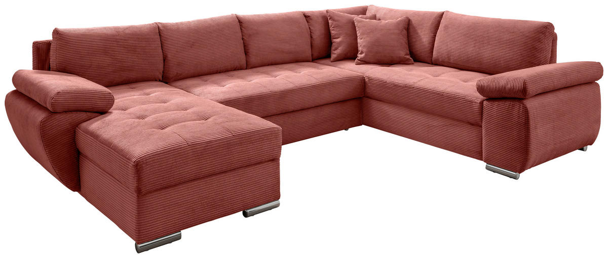 WOHNLANDSCHAFT Koralle Cord  - Chromfarben/Koralle, KONVENTIONELL, Textil/Metall (157/305/219cm) - Livetastic