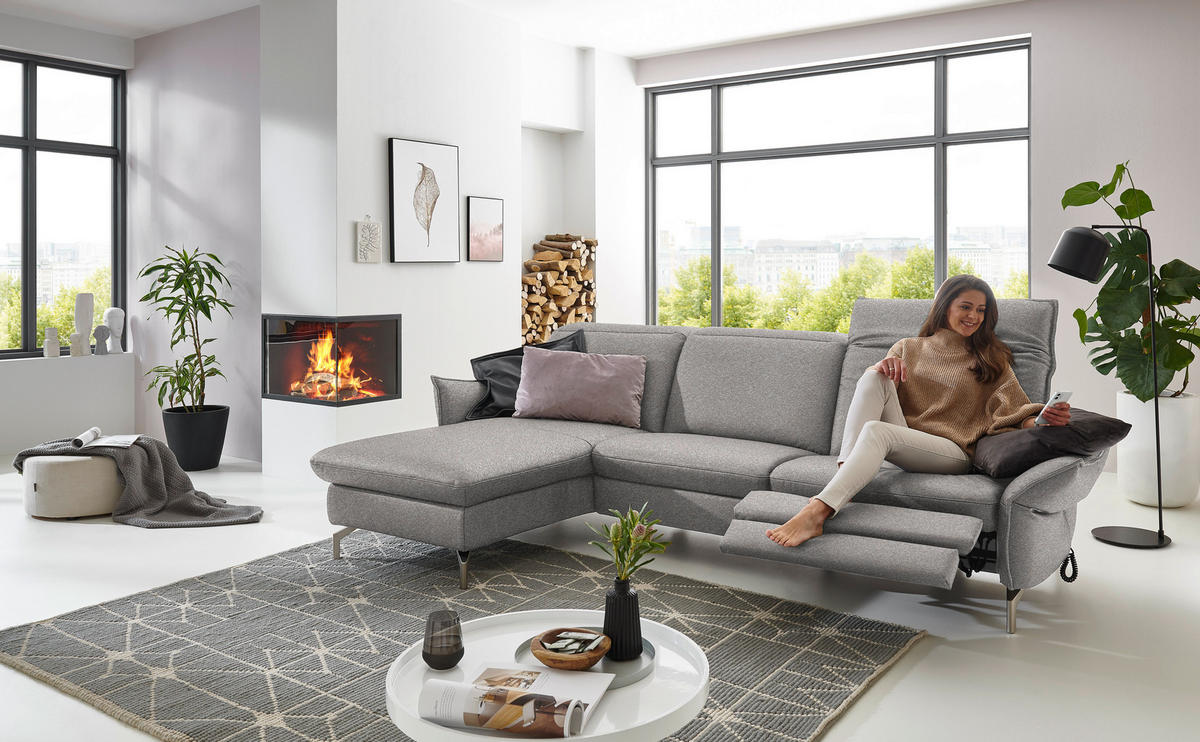 ECKSOFA in Chenille Grau, Weiss  - Weiss/Grau, Modern, Textil/Metall (179/233cm) - Livetastic