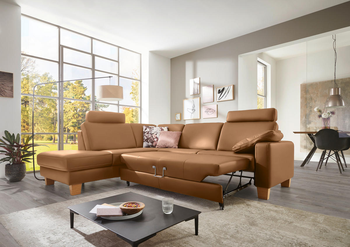 ECKSOFA in Echtleder Hellbraun  - Hellbraun/Eiche Bianco, Konventionell, Leder/Holz (235/257cm) - Valdera